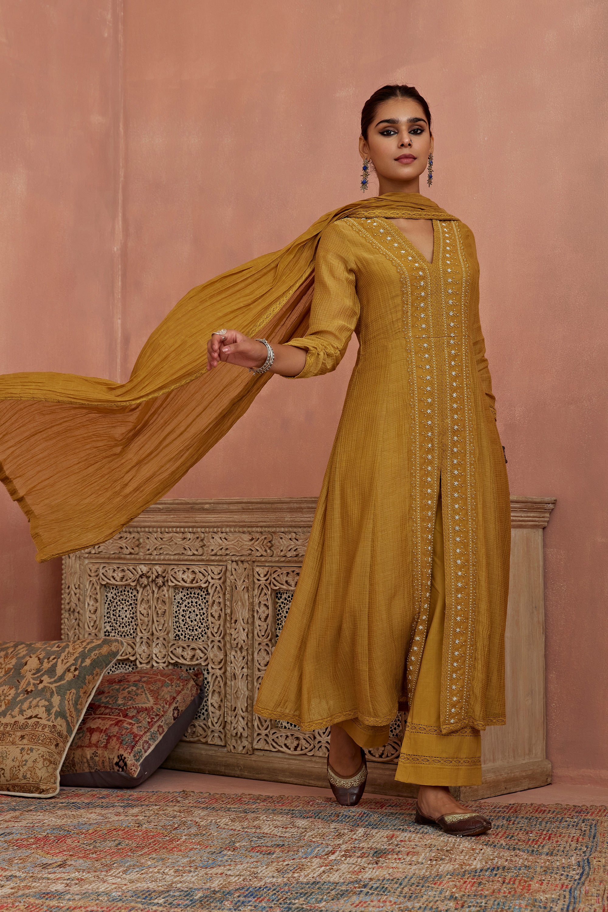 Mustard_Front_Open_Lace_Kurta_Set_Kritika_Dawar