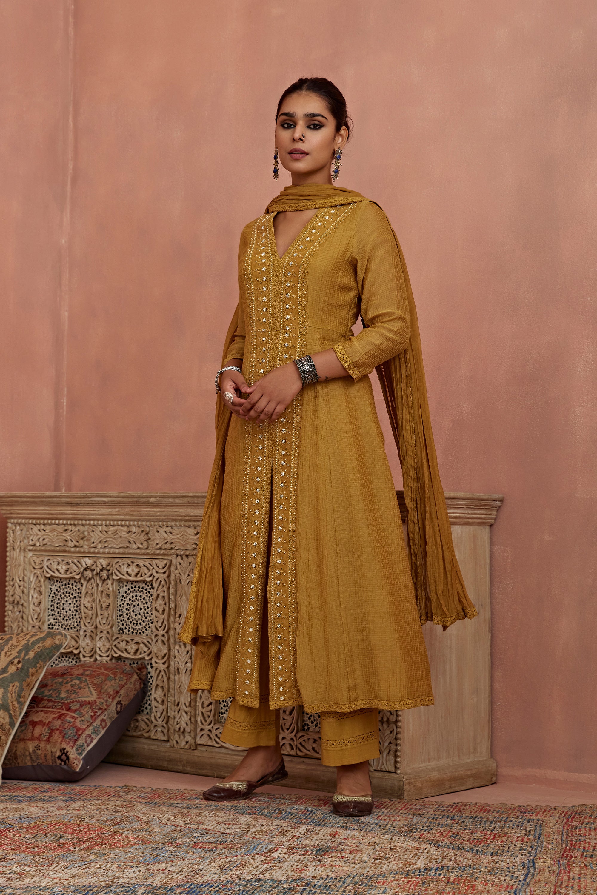 Mustard_Front_Open_Lace_Kurta_Set_Kritika_Dawar