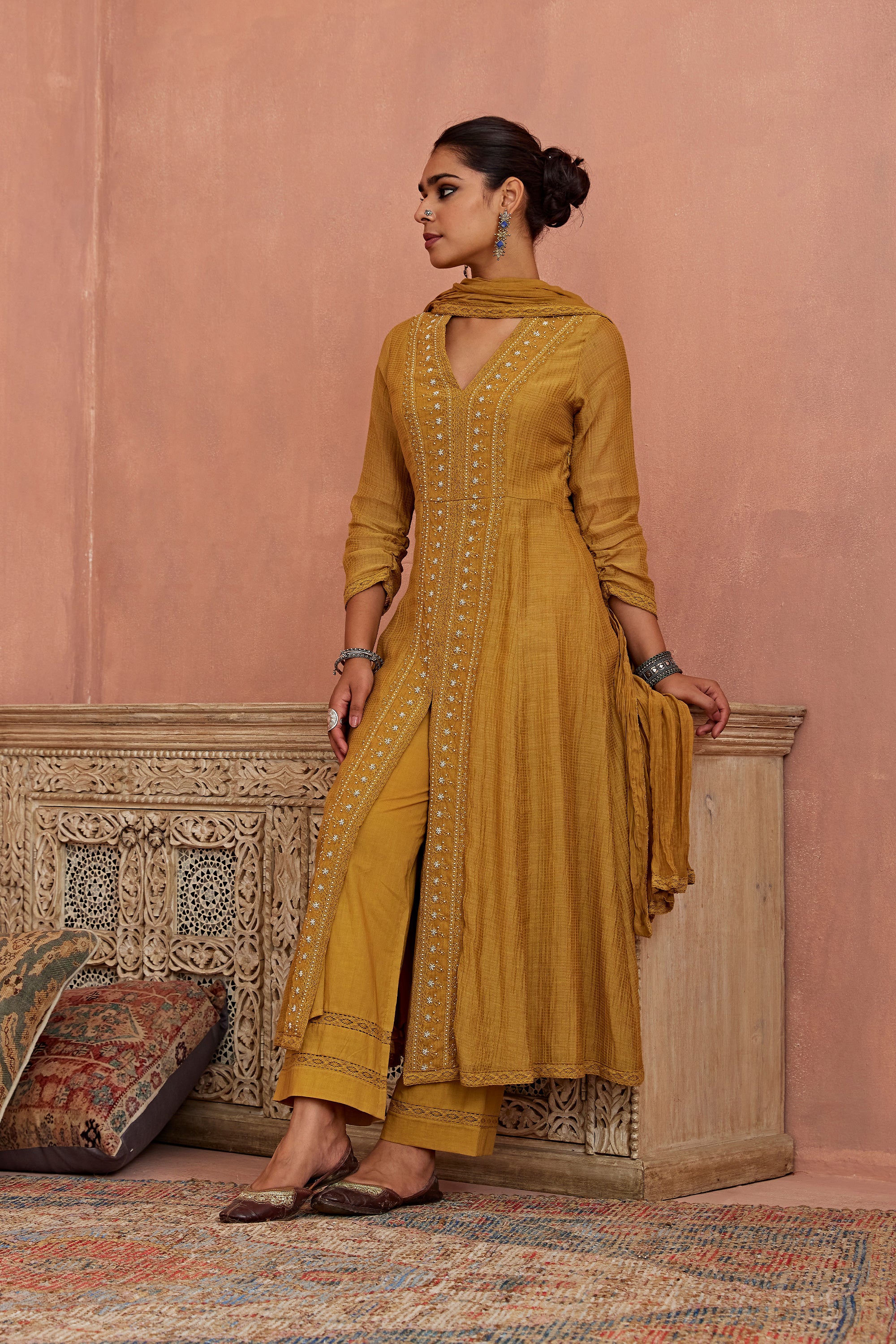 Mustard_Front_Open_Lace_Kurta_Set_Kritika_Dawar