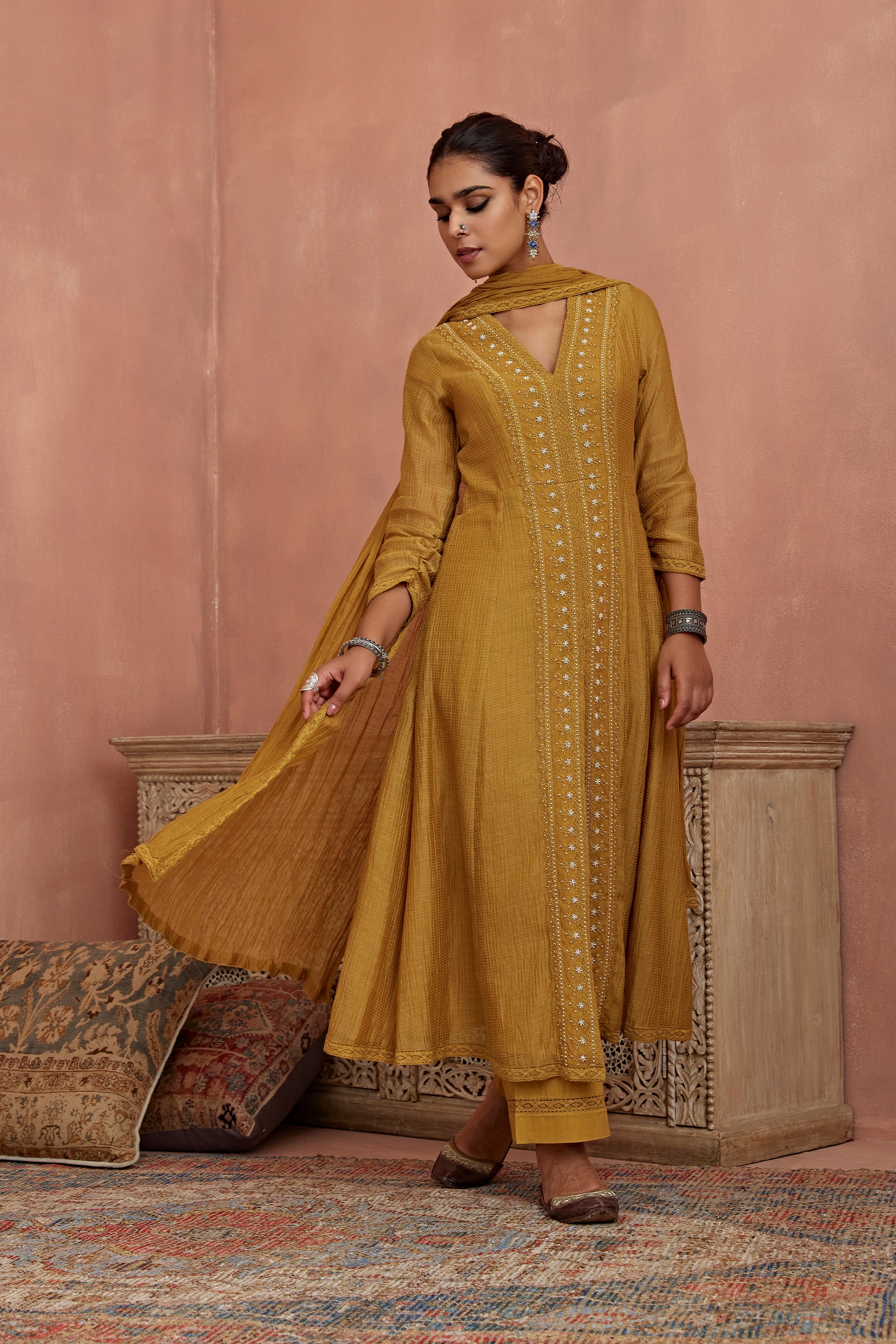 Mustard_Front_Open_Lace_Kurta_Set_Kritika_Dawar