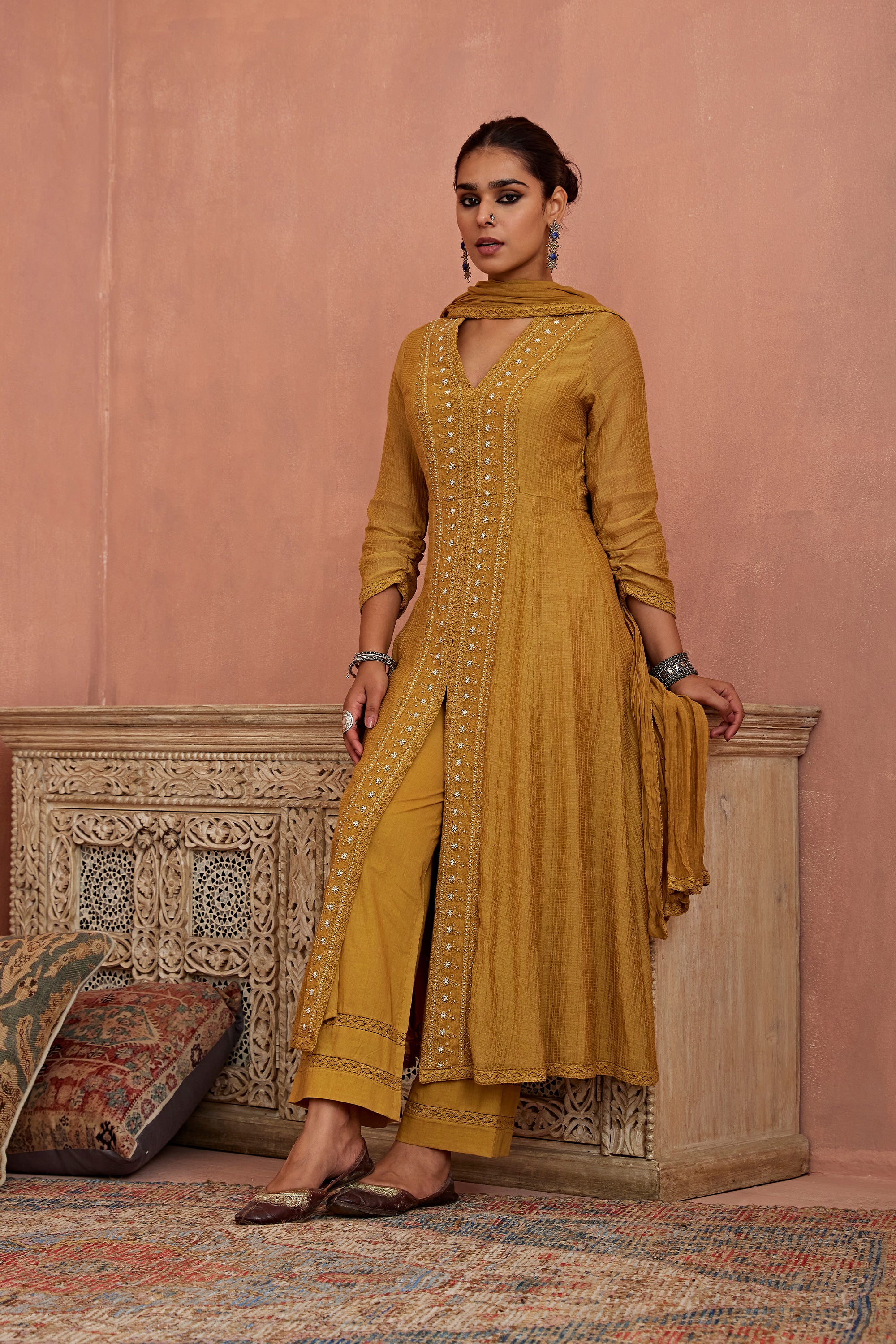 Mustard_Front_Open_Lace_Kurta_Set_Kritika_Dawar