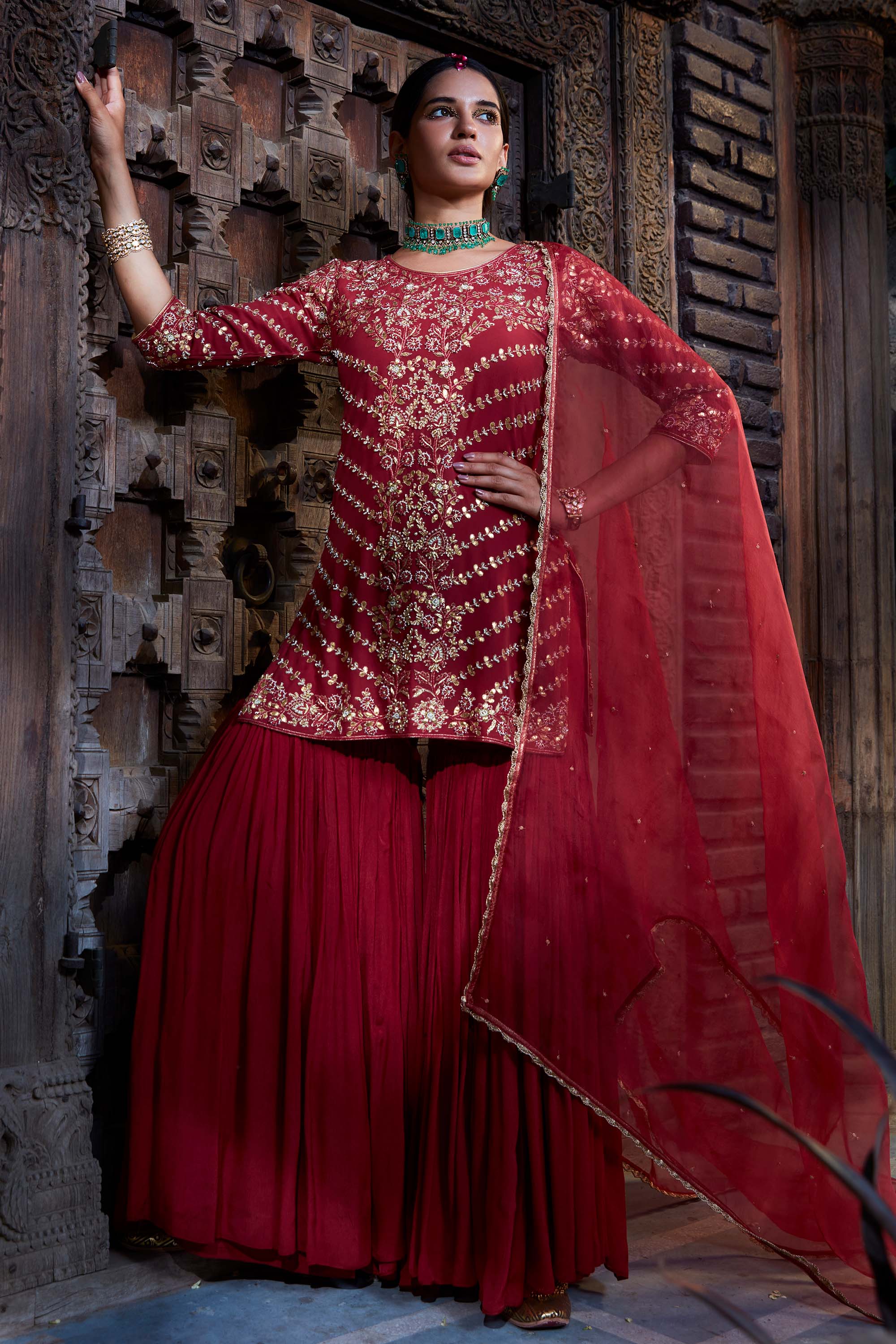 Maroon_Gota_Short_Kurta_Gharara_Kritika_Dawar