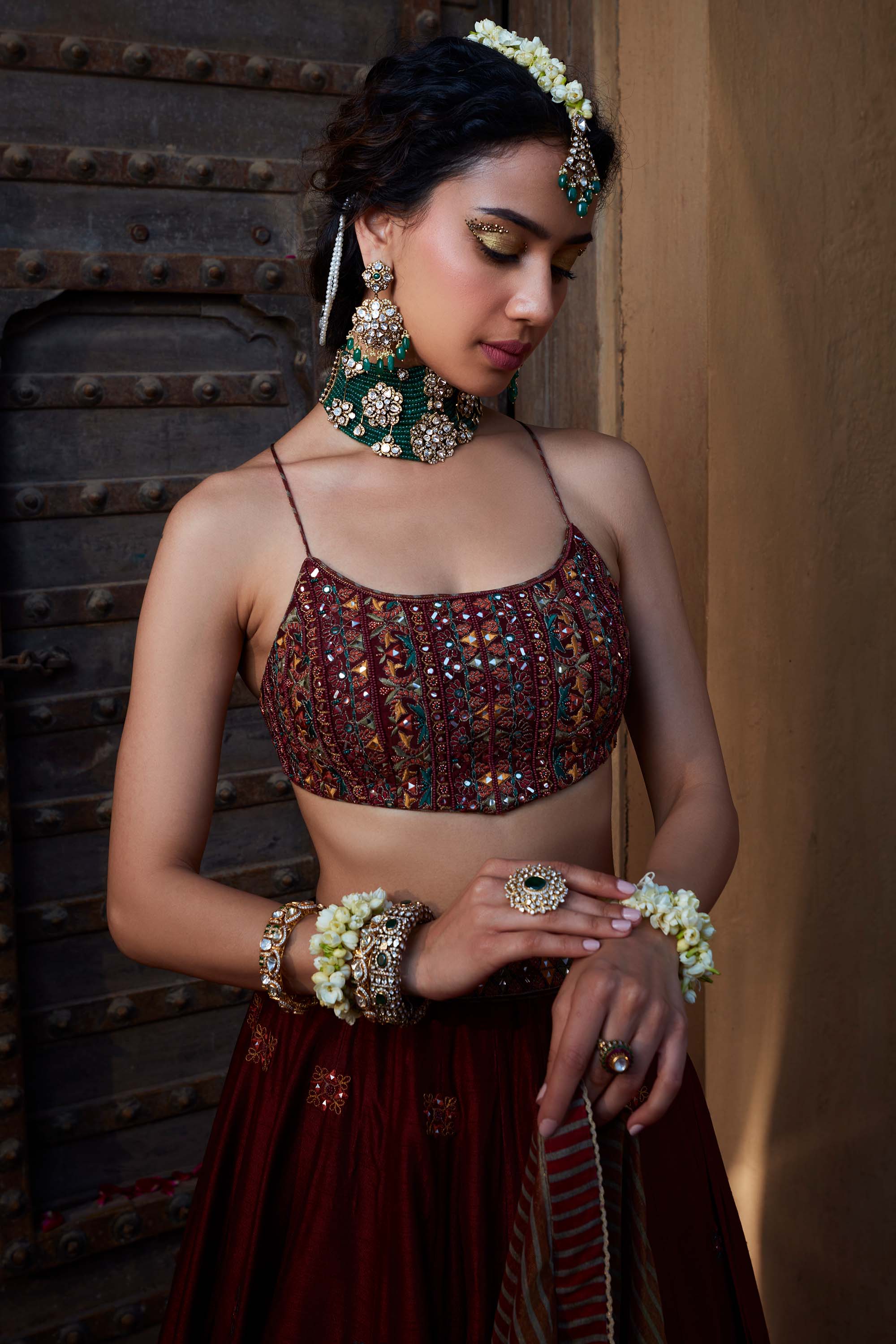 Maroon_Multi_Thread_And_Mirror_Work_Lehenga_Kritika_Dawar