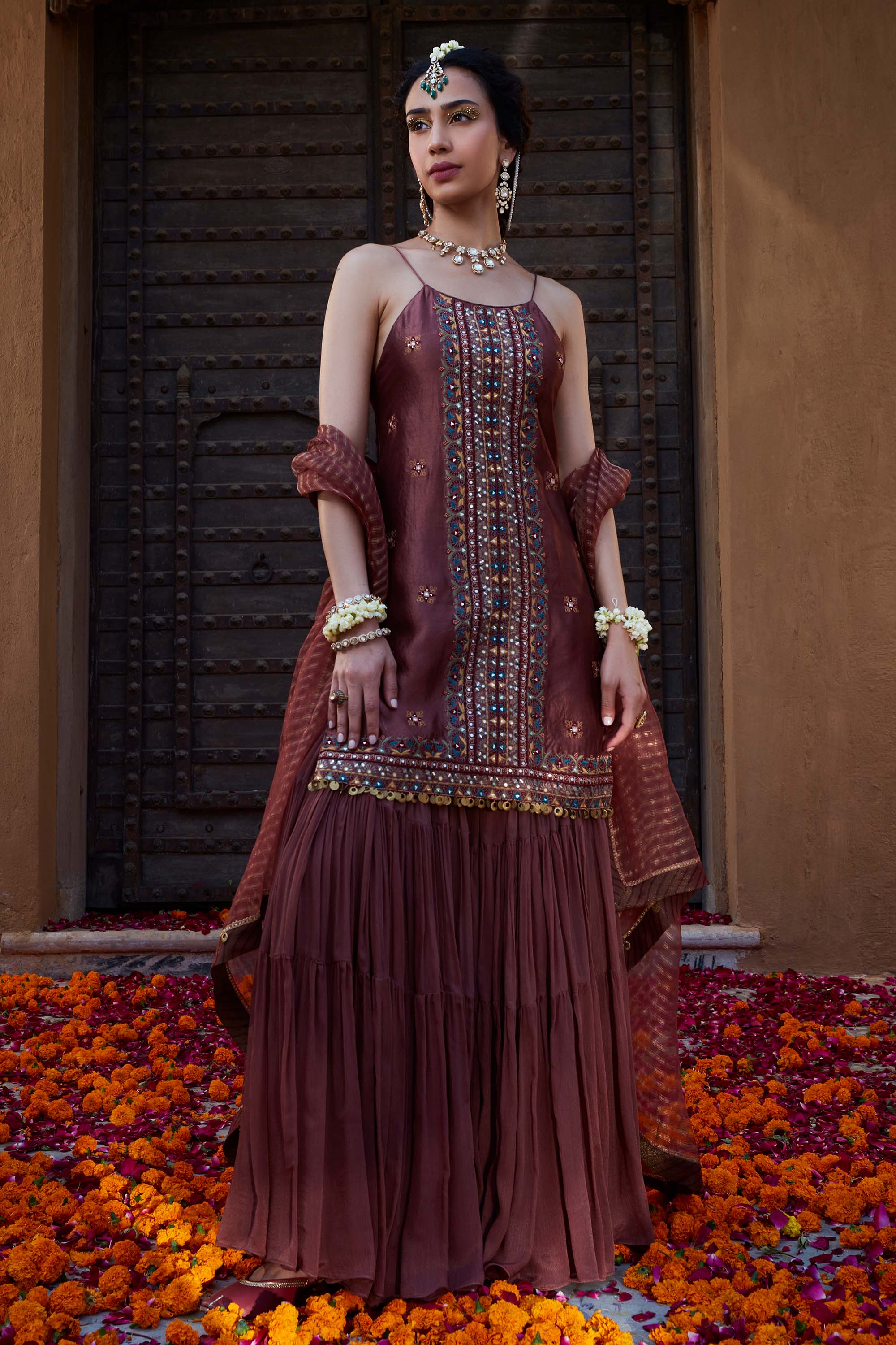 brown sharara dress Brown Faux Georgette Sharara Set: Kodi Lace Top & Shrug
