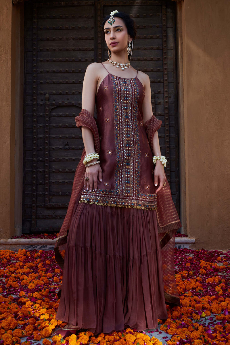 Rose Brown Multi Thread Embroidered Sharara Set | Brown Sharara Suit Kritika Dawar Rose Brown Multi Thread Embroidered Sharara Set | Brown Sharara Suit Kritika Dawar