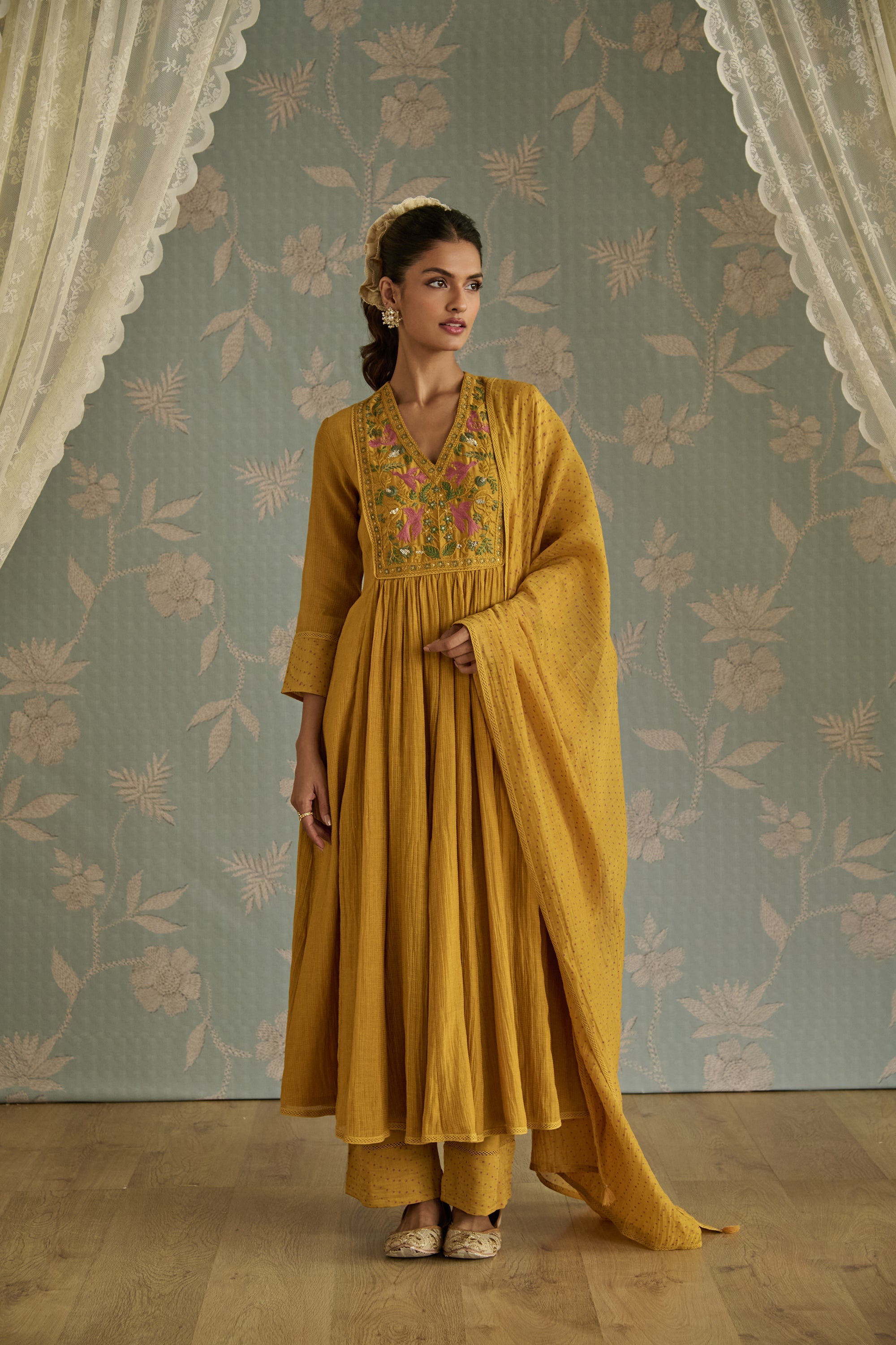 Mustard Hand Embroidered A-Line Kurta Set