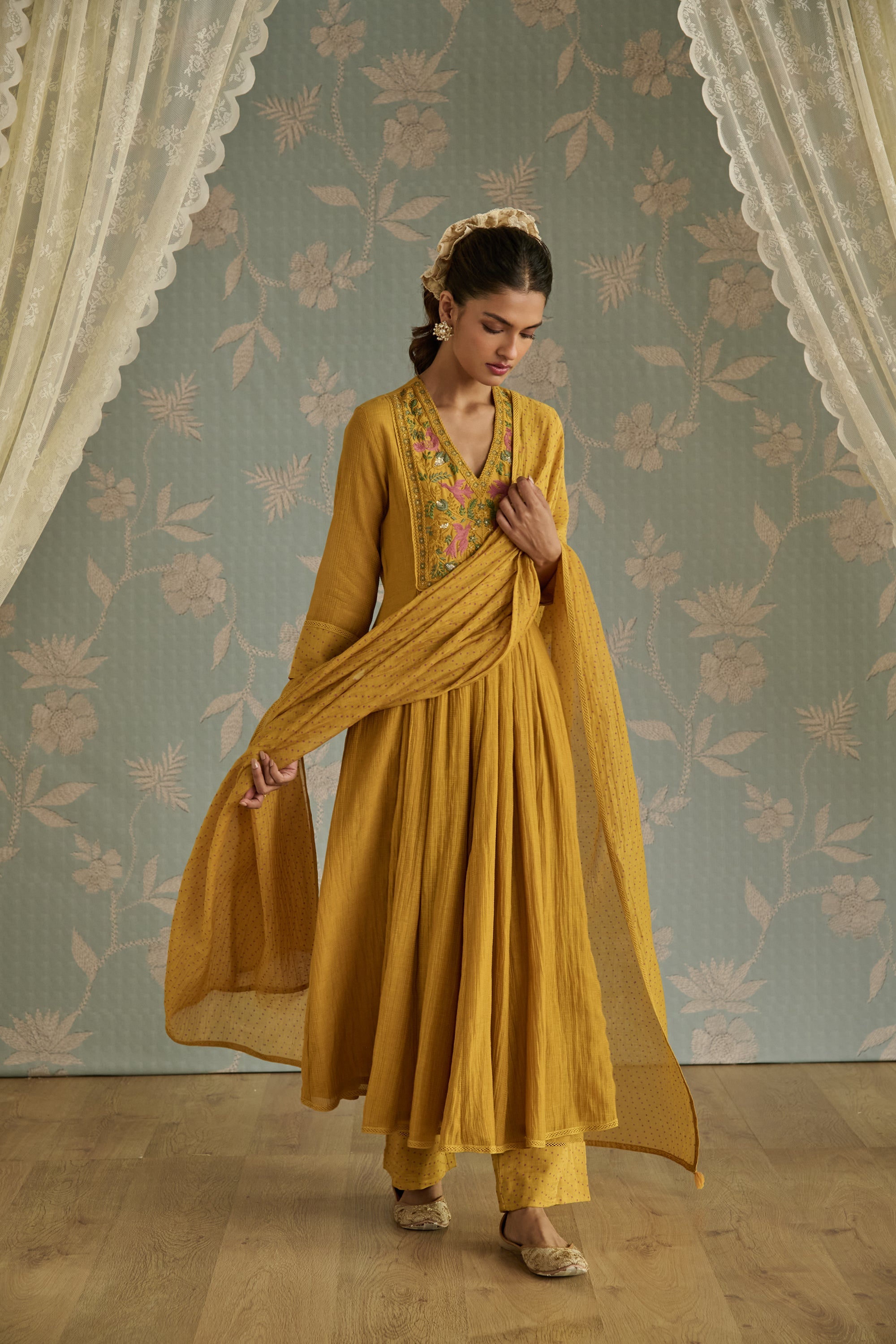 Mustard Hand Embroidered A-Line Kurta Set