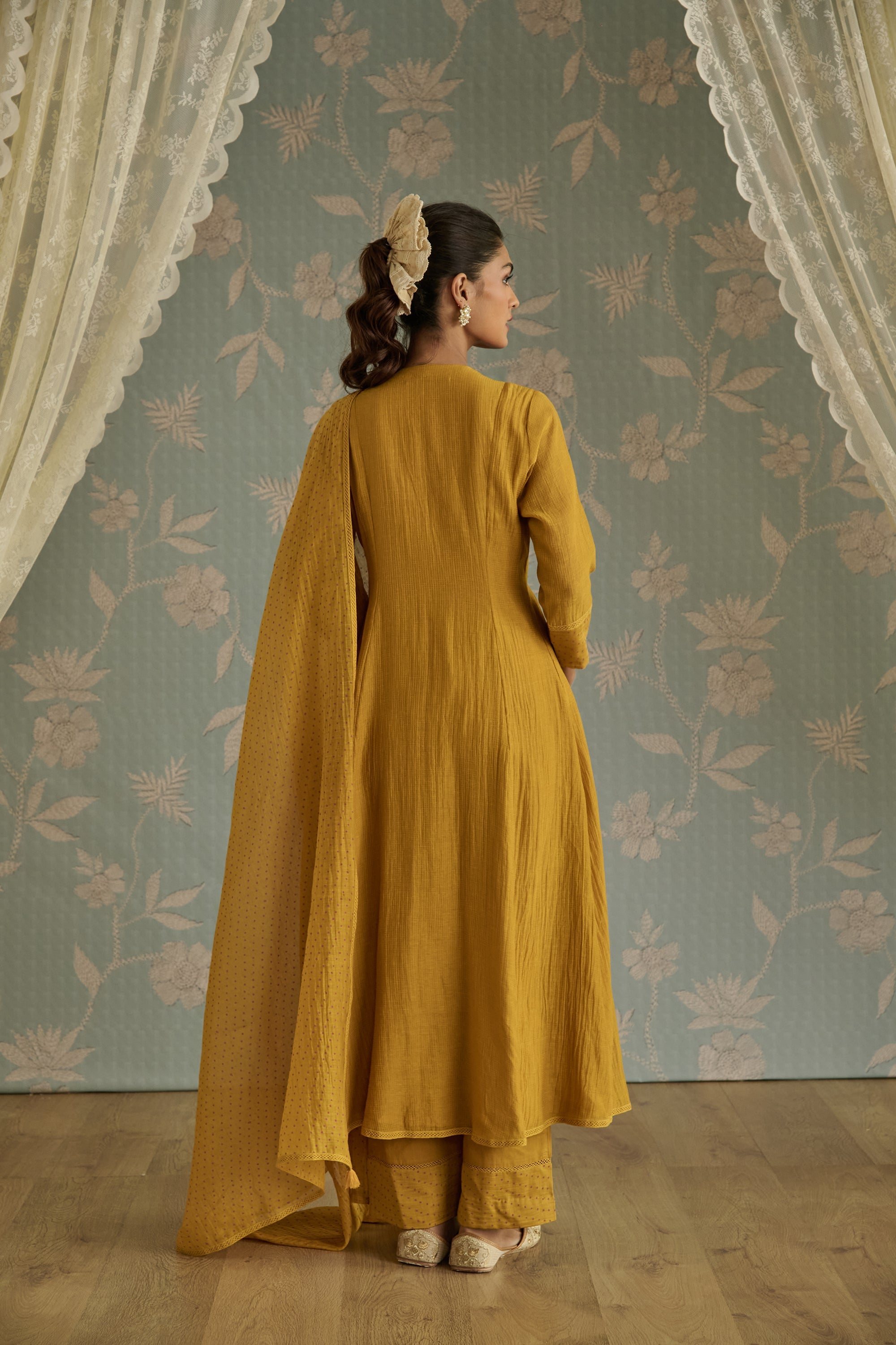 Mustard Hand Embroidered A-Line Kurta Set
