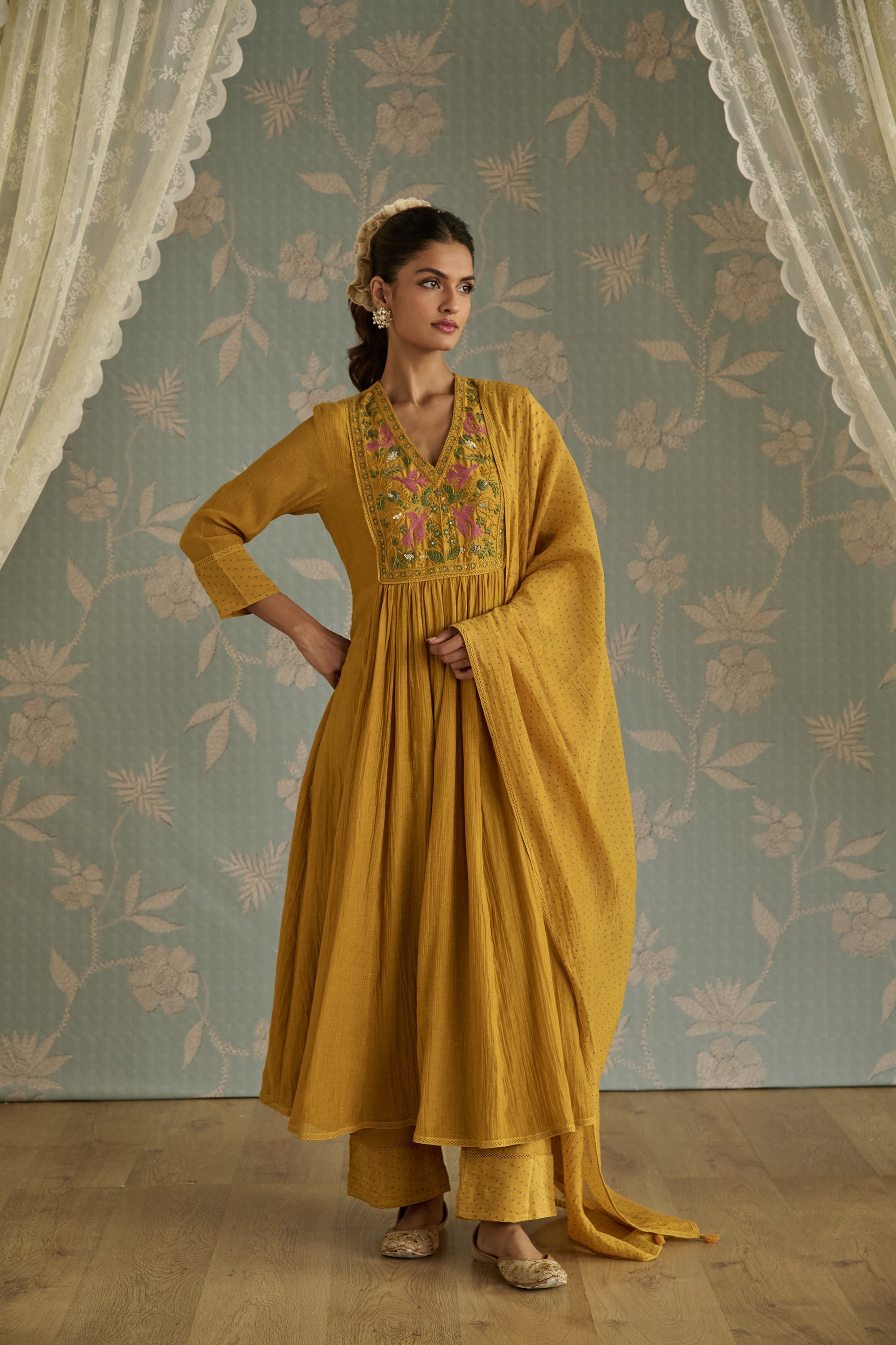 Mustard Hand Embroidered A-Line Kurta Set