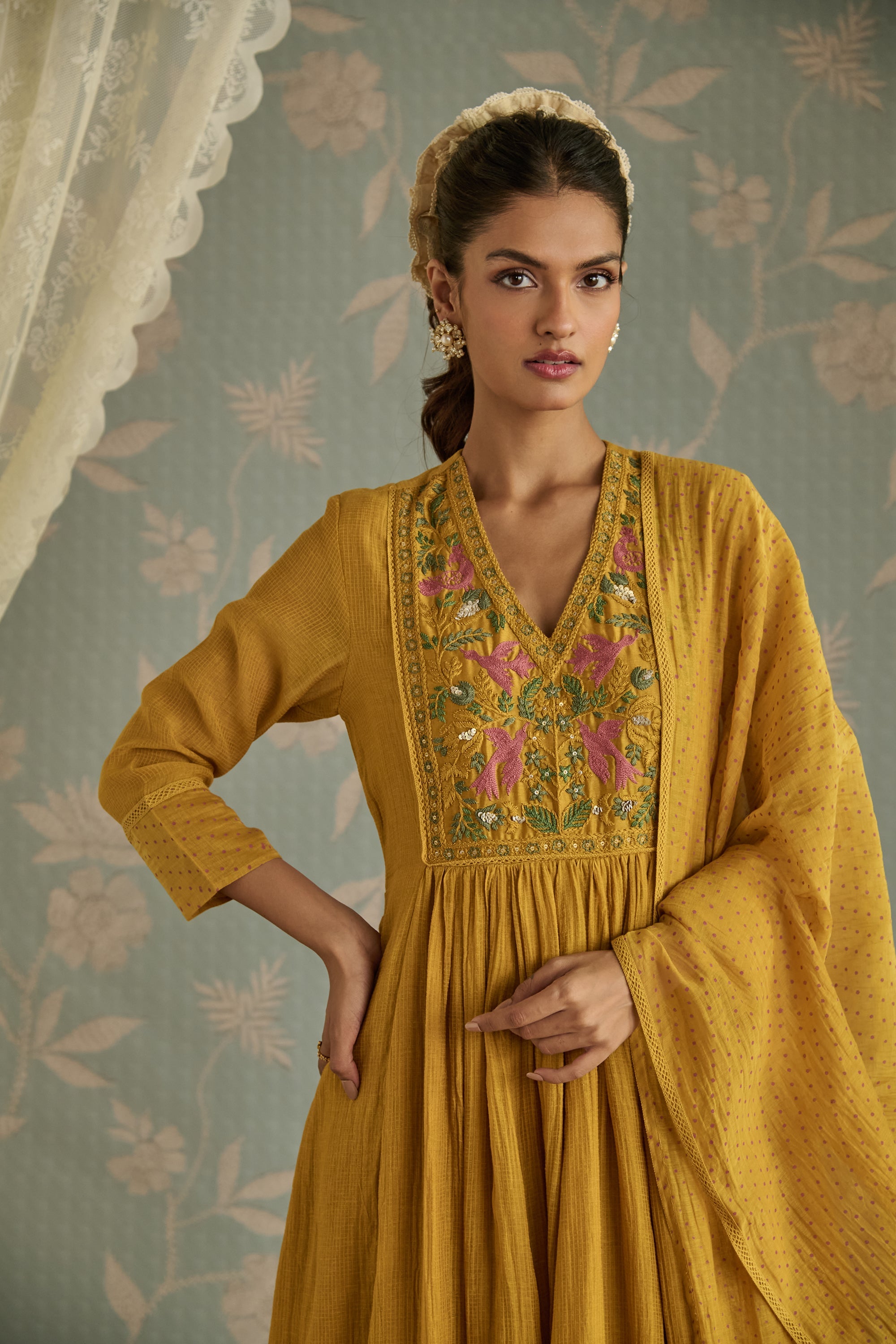 Mustard Hand Embroidered A-Line Kurta Set