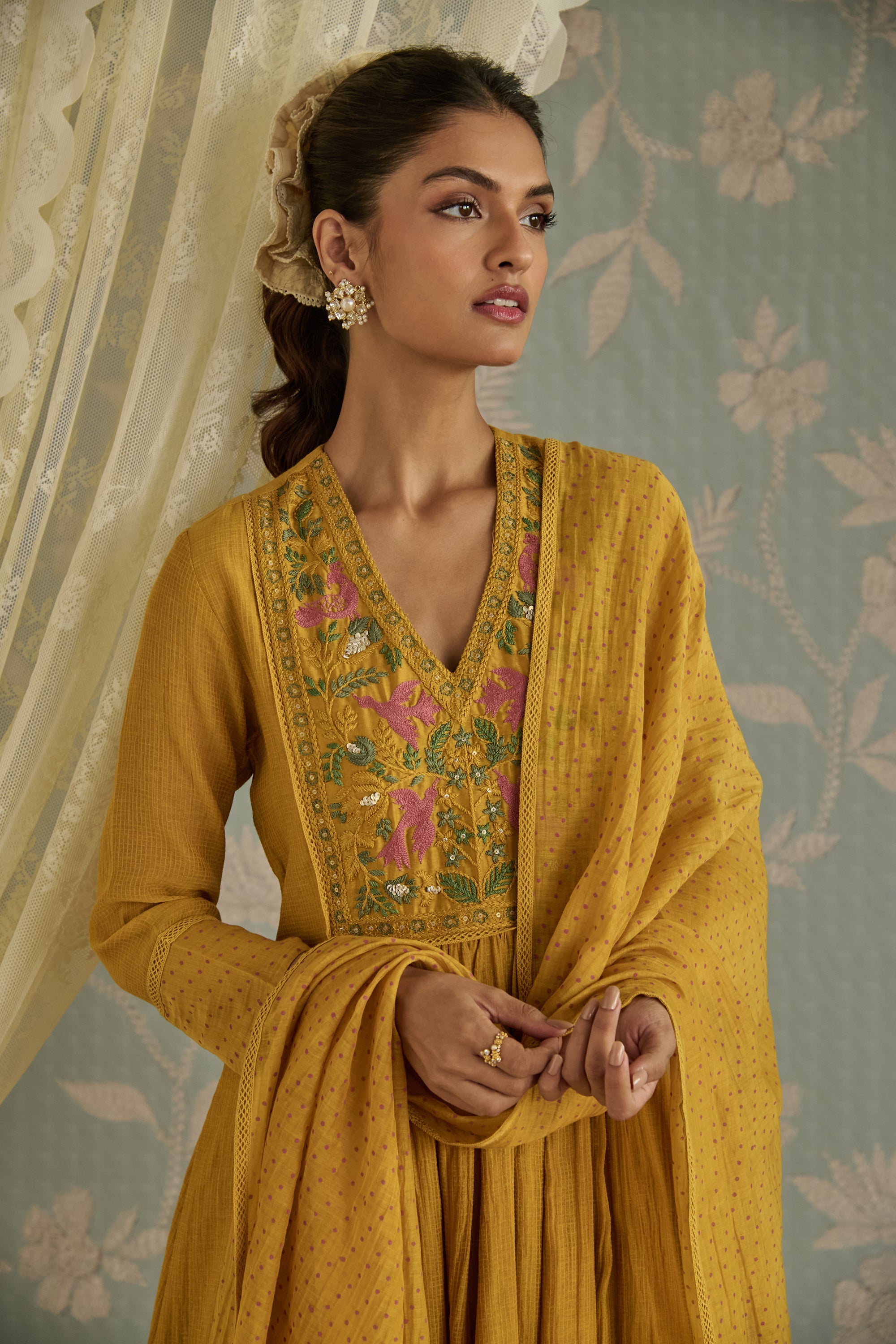 Mustard Hand Embroidered A-Line Kurta Set