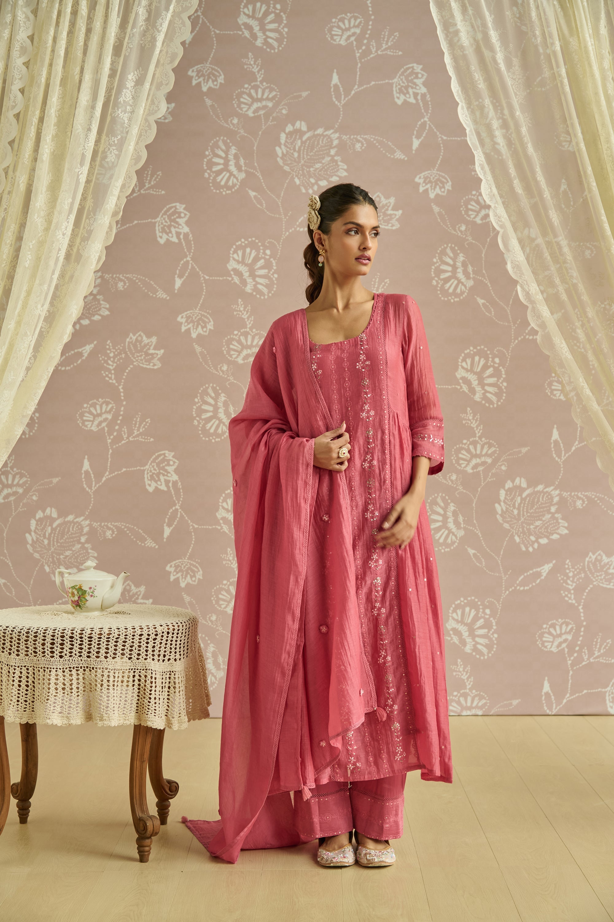 Coral Chanderi Panelled Kurta Set