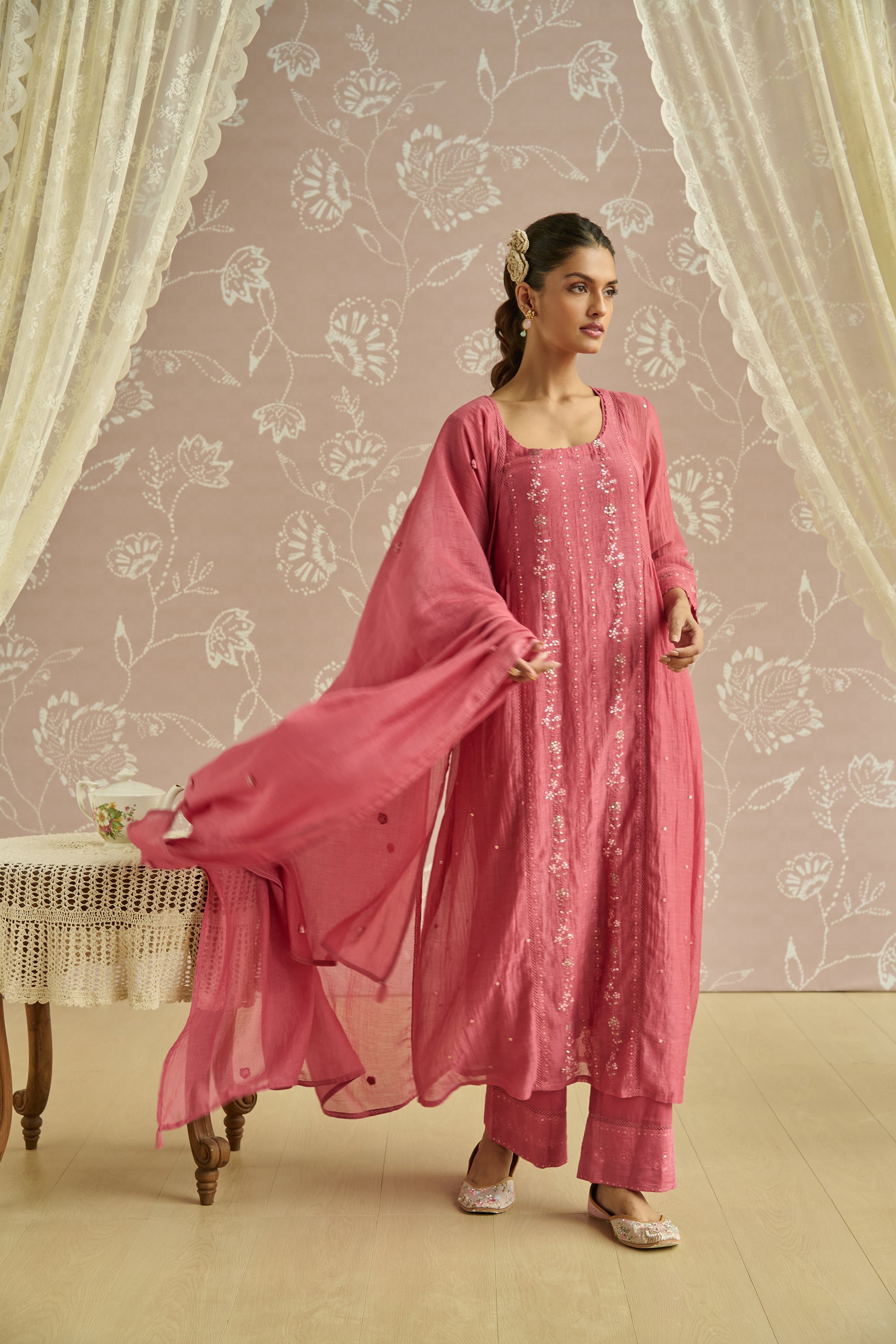 Coral Chanderi Panelled Kurta Set