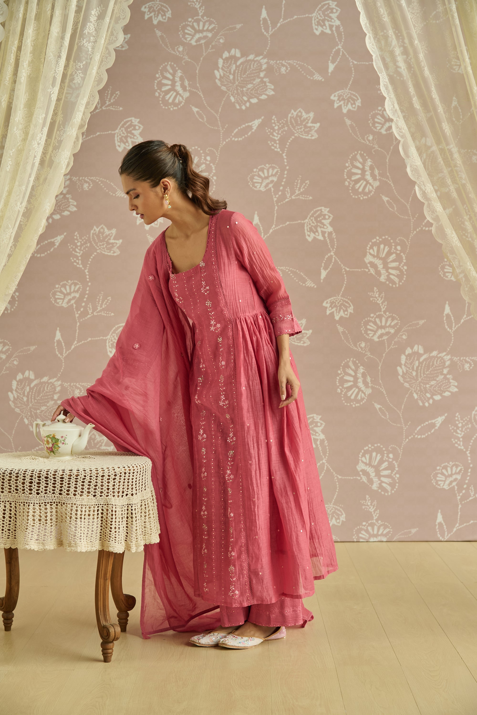 Coral Chanderi Panelled Kurta Set