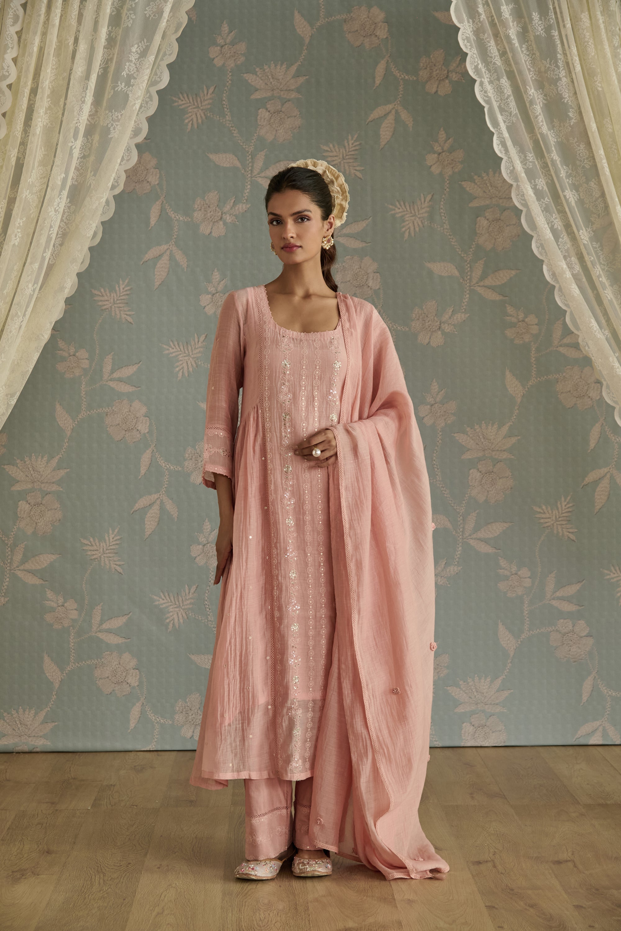 Pink Chanderi Panelled Kurta Set