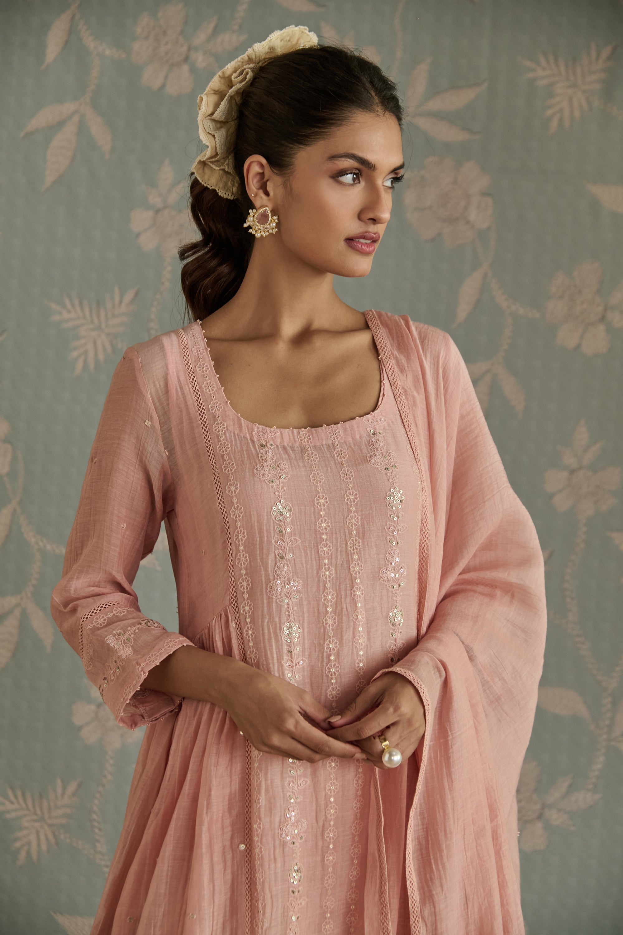 Pink Chanderi Panelled Kurta Set