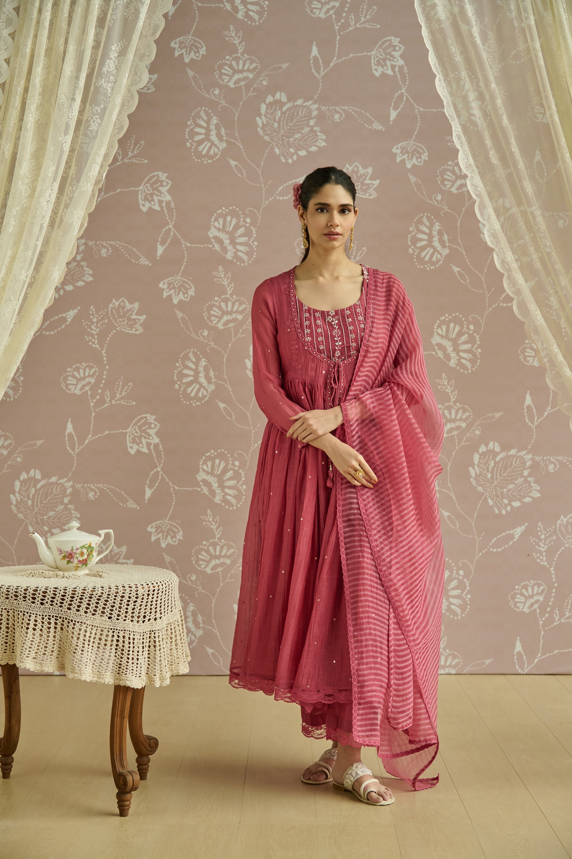 Coral Hand Embroidered Jacket Anarkali Set