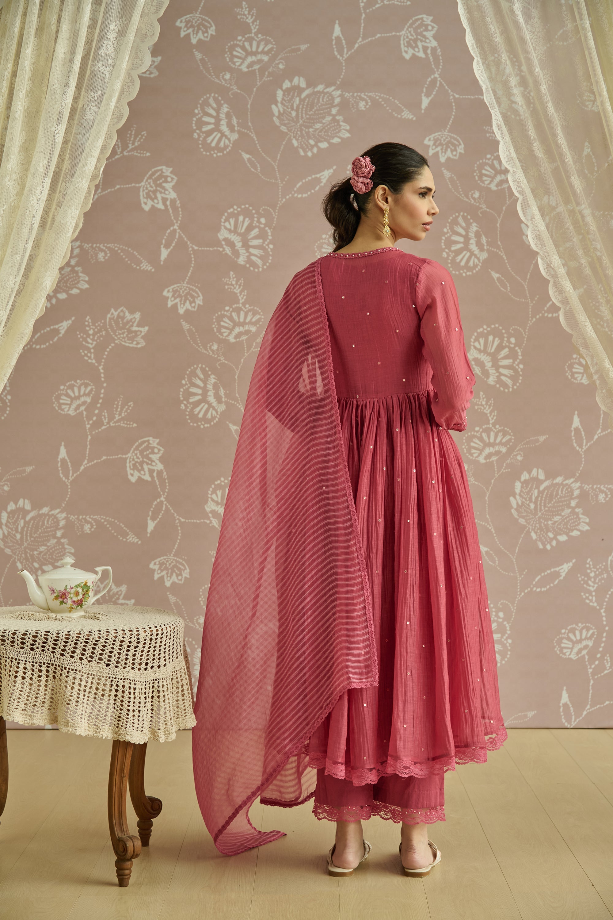 Coral Hand Embroidered Jacket Anarkali Set