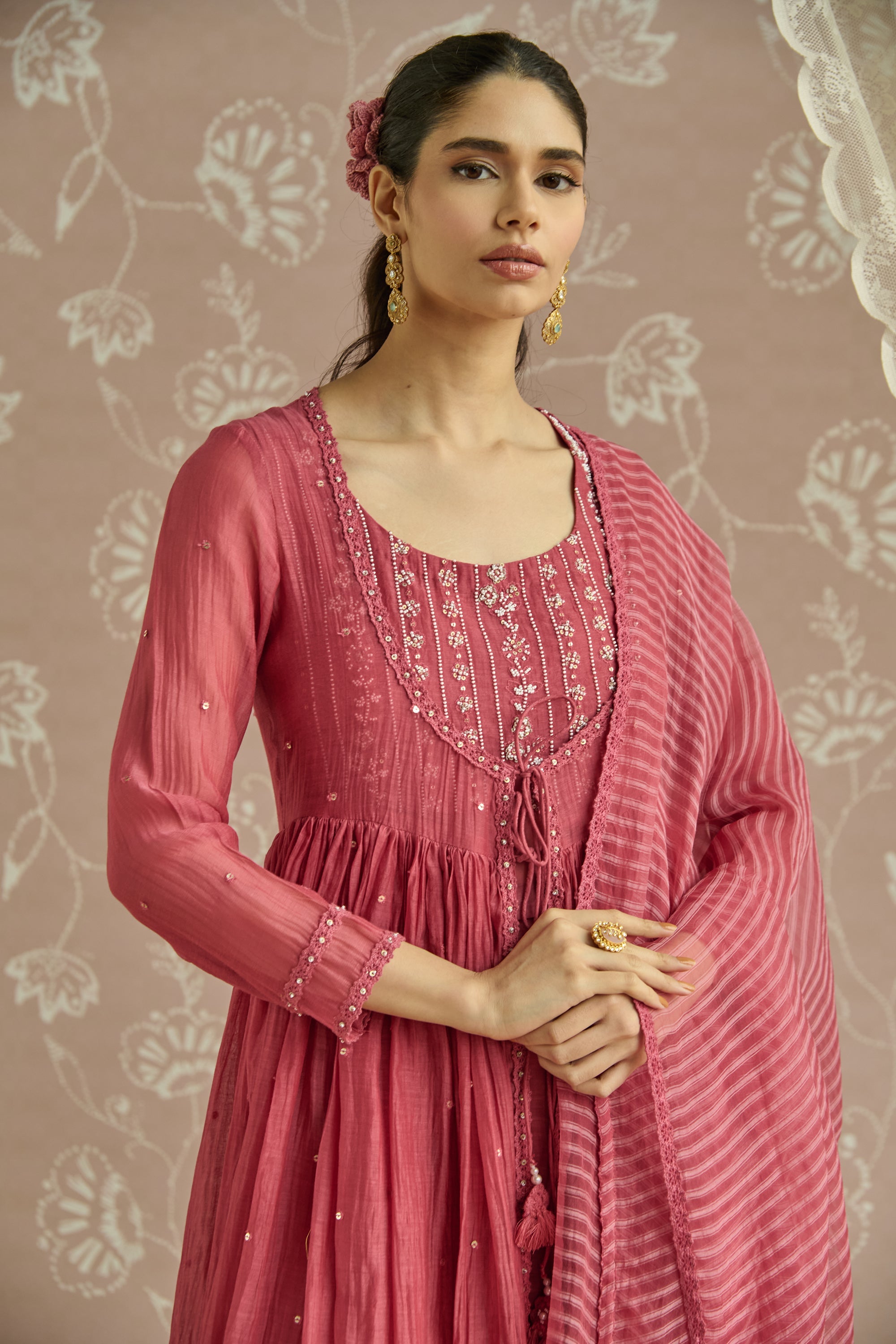 Coral Hand Embroidered Jacket Anarkali Set