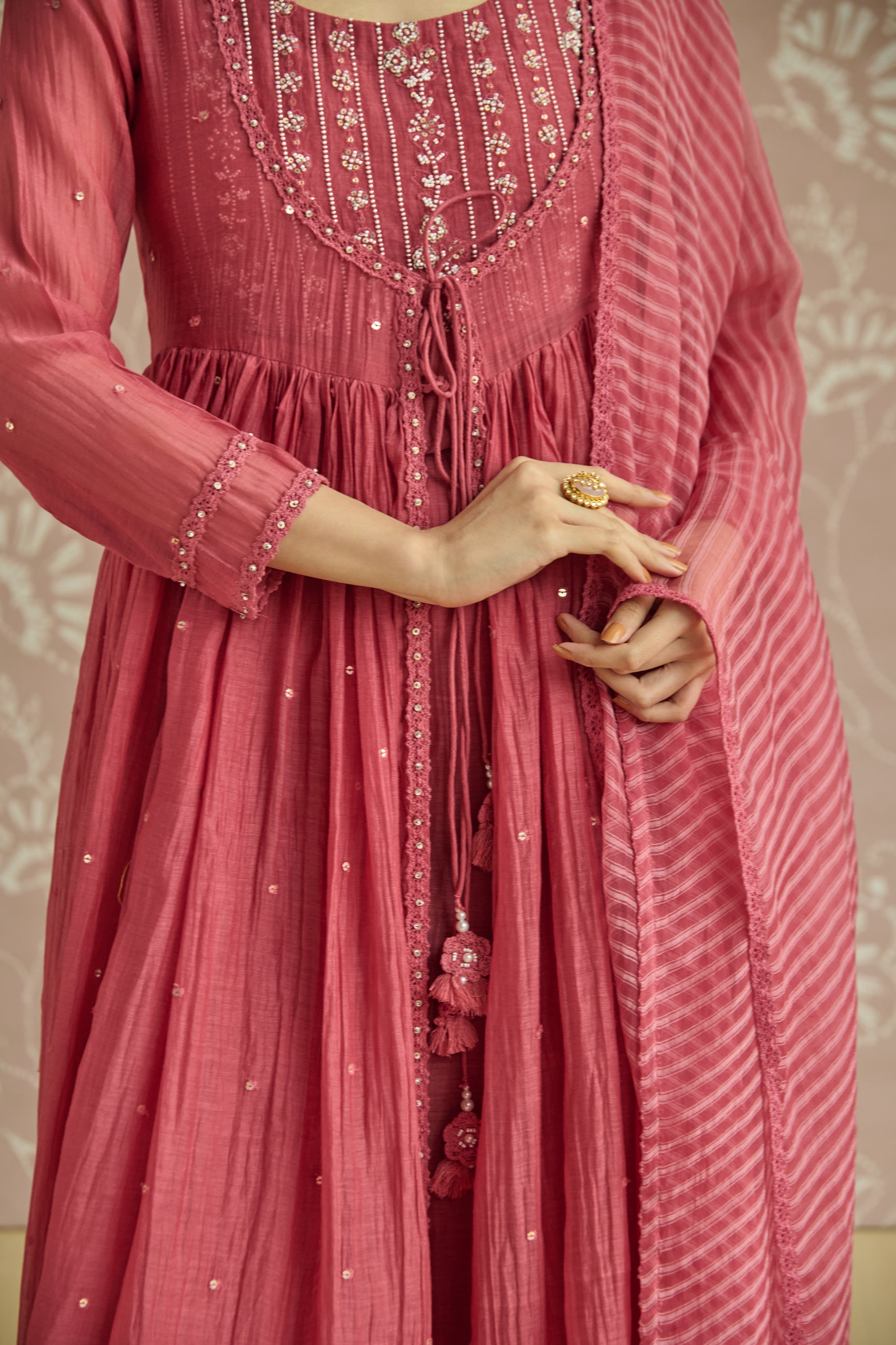 Coral Hand Embroidered Jacket Anarkali Set