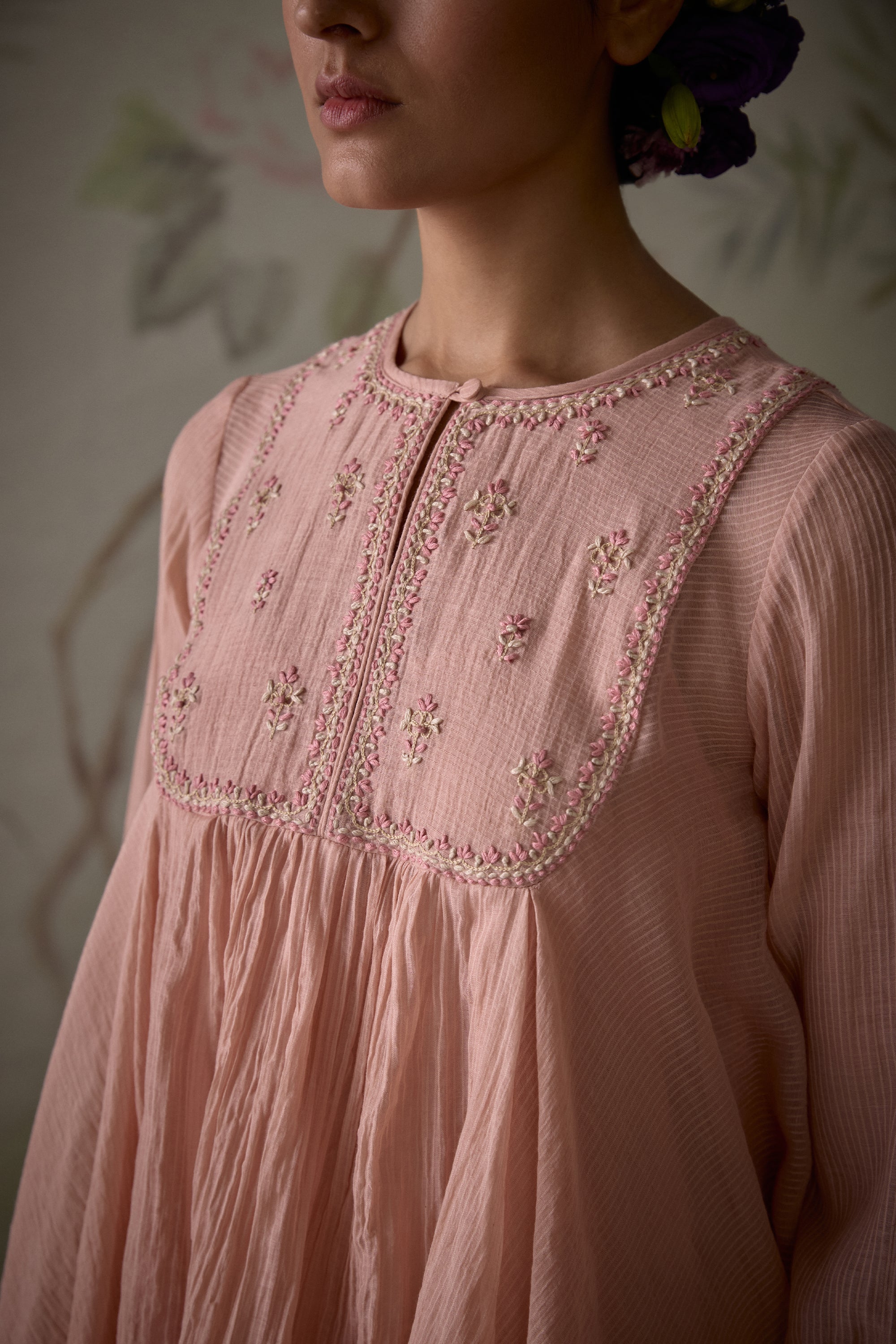 Pink_Handwoven_Flared_Short_Tunic_With_Pants_Kritika_Dawar