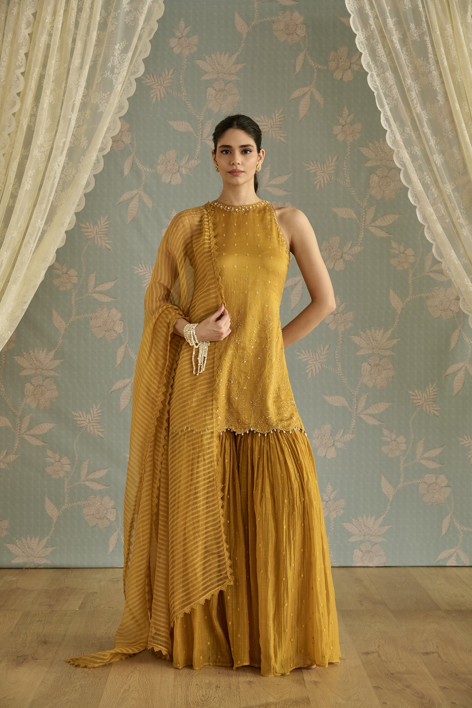 Mustard Hand Embroidered Halter Neck Gharara Set