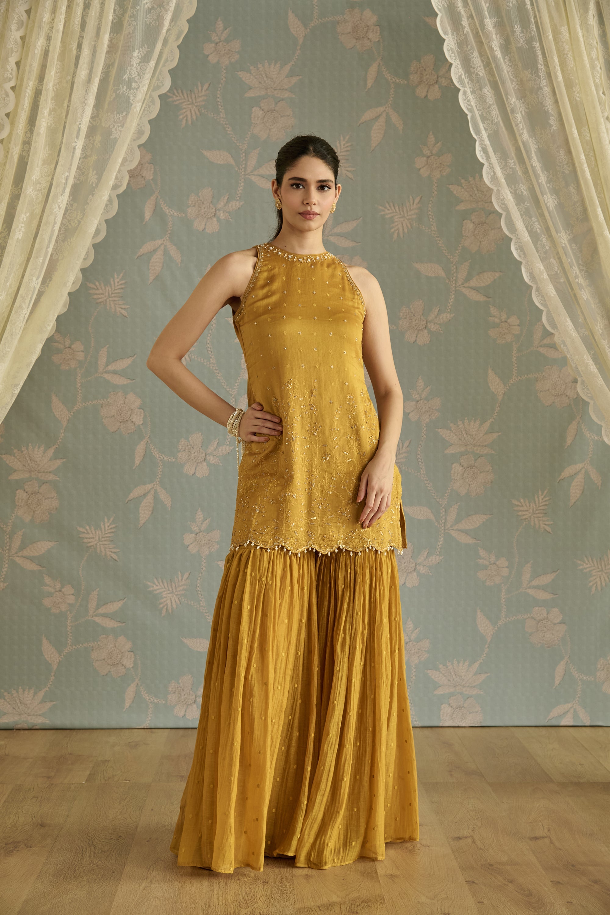 Mustard Hand Embroidered Halter Neck Gharara Set