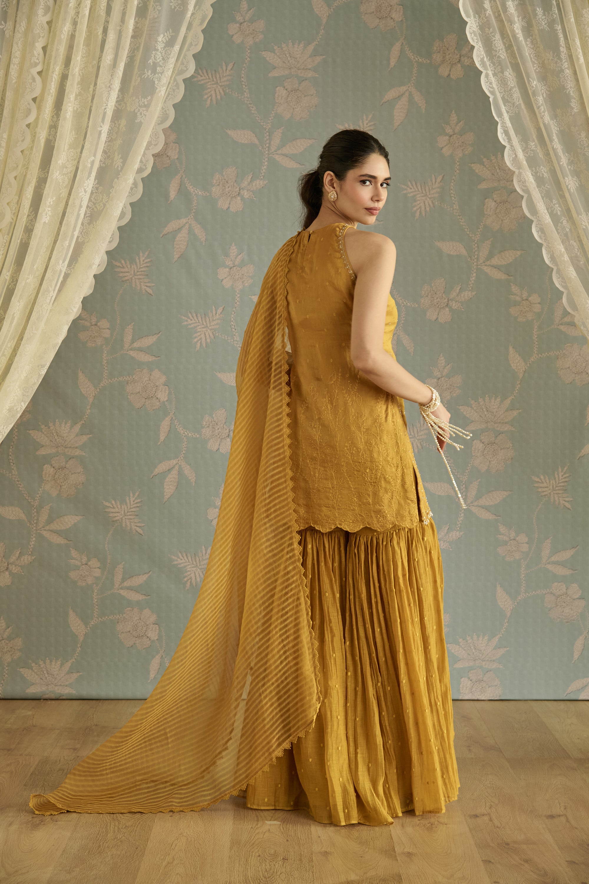 Mustard Hand Embroidered Halter Neck Gharara Set