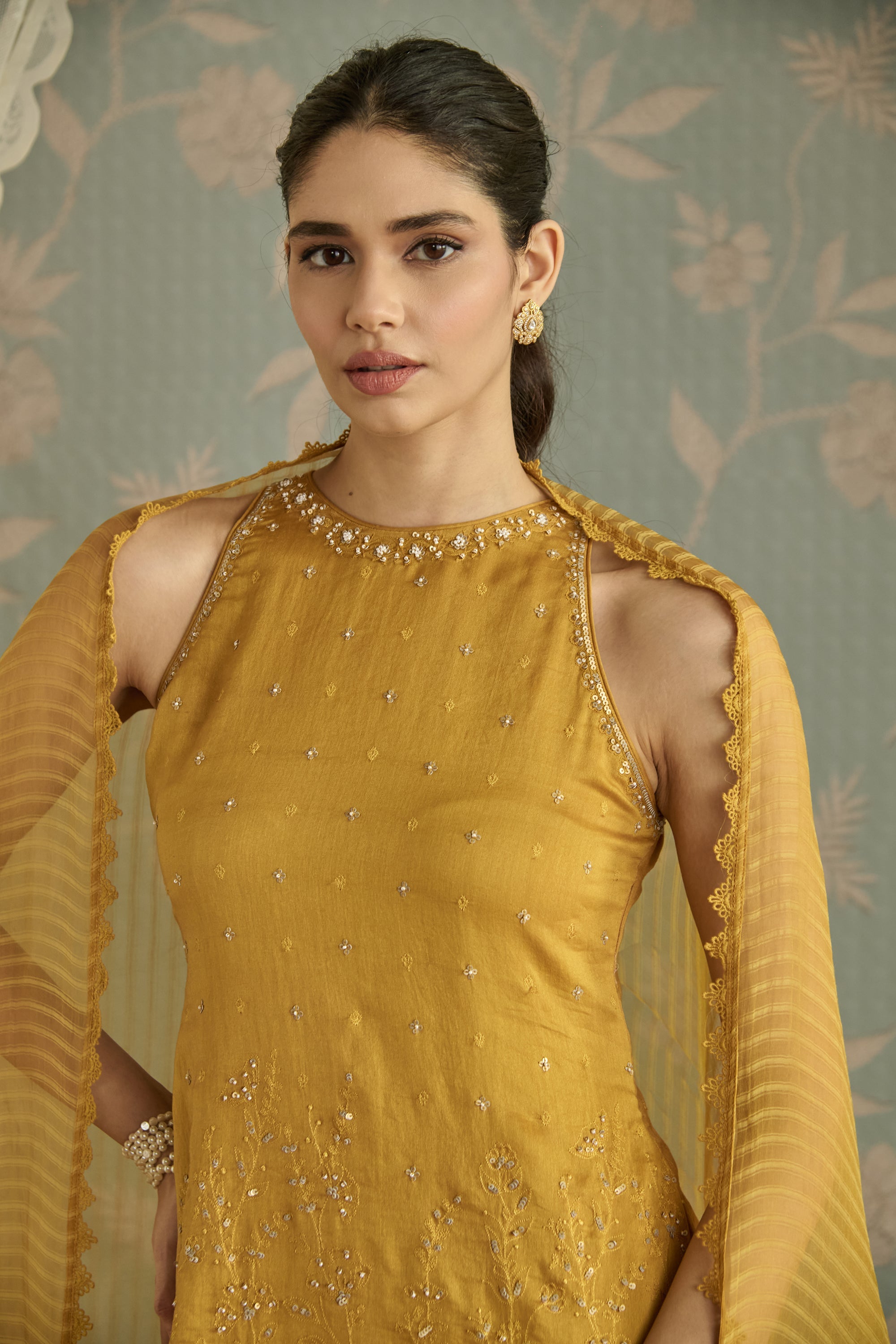 Mustard Hand Embroidered Halter Neck Gharara Set
