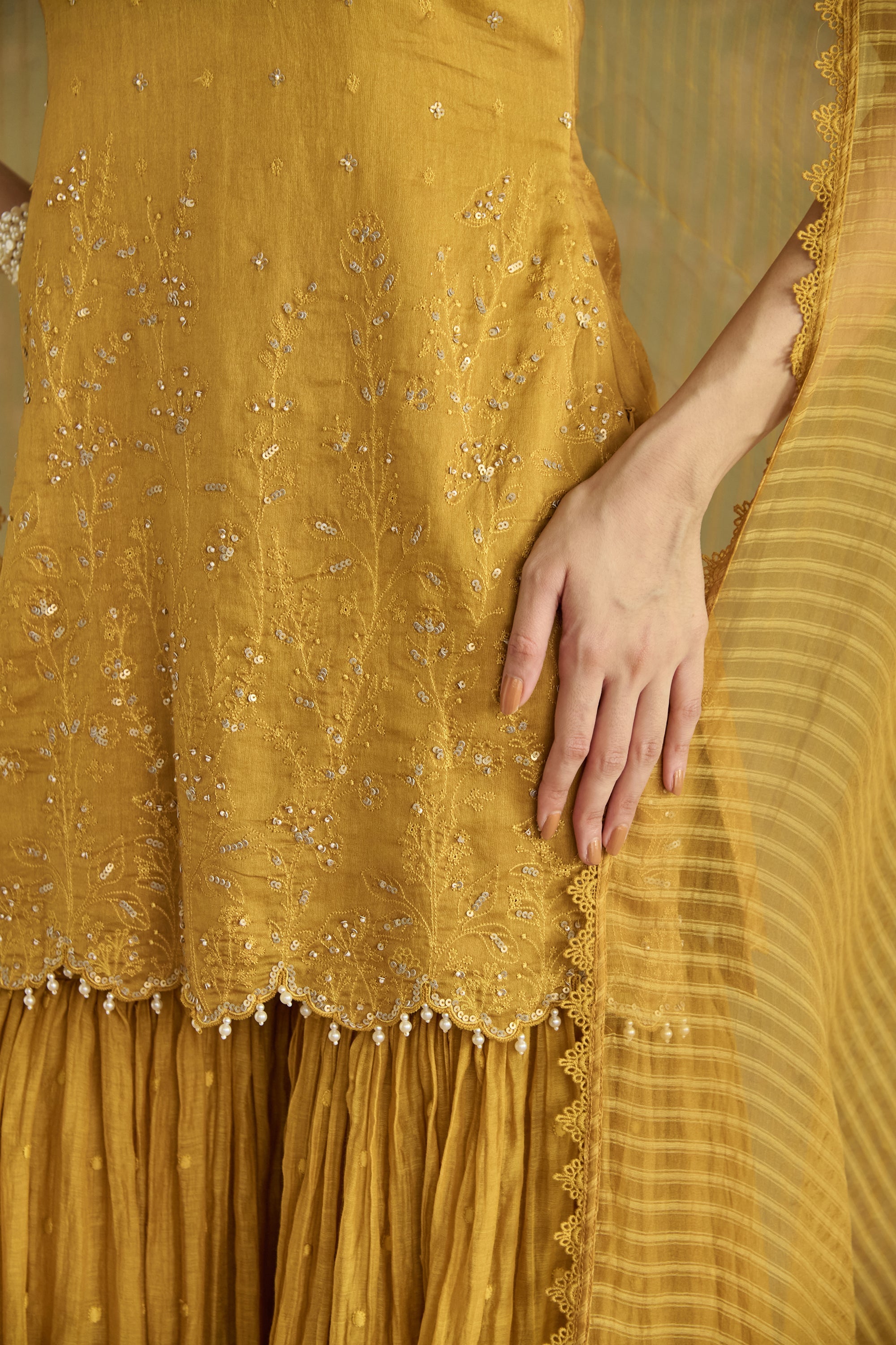 Mustard Hand Embroidered Halter Neck Gharara Set
