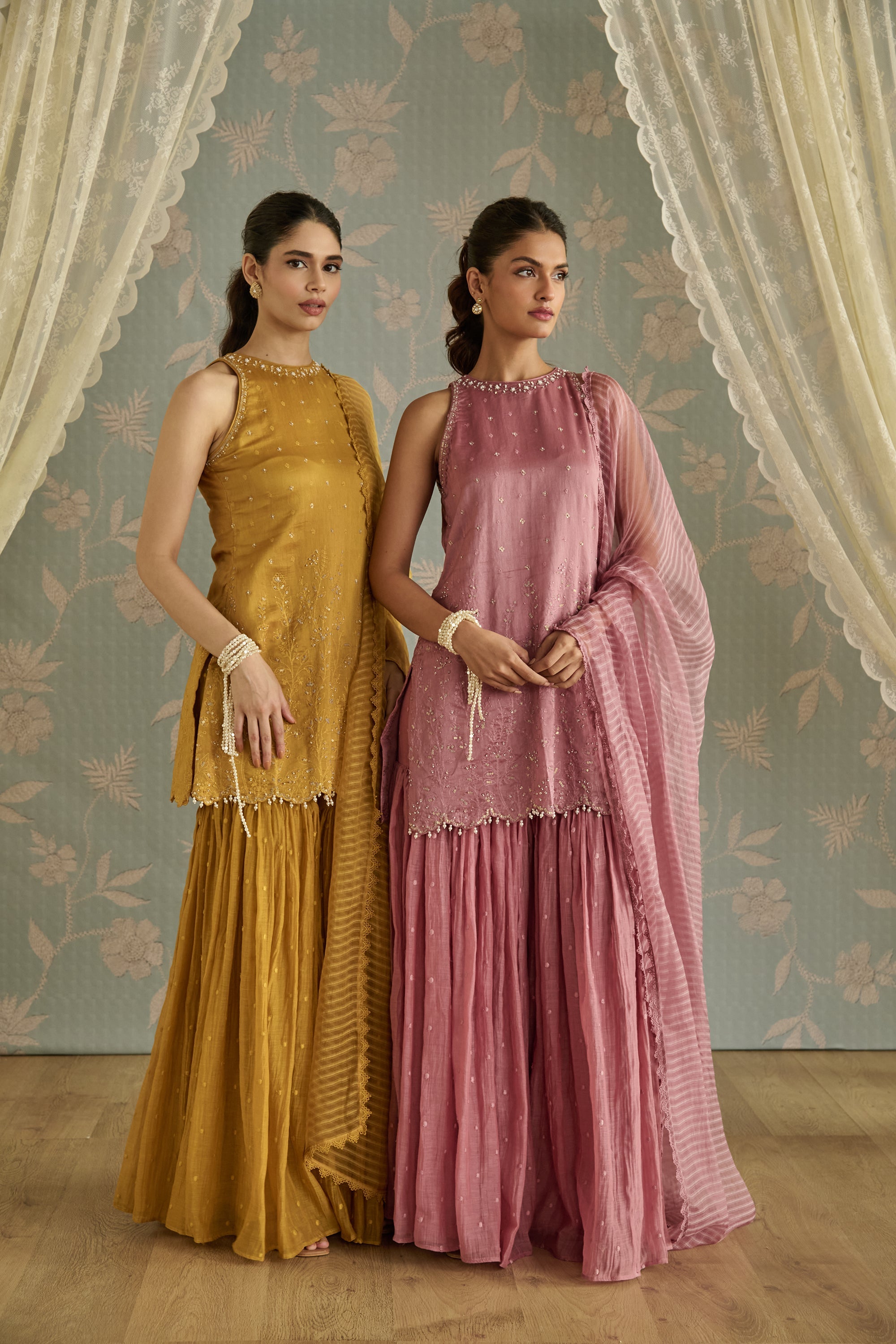 Mustard Hand Embroidered Halter Neck Gharara Set