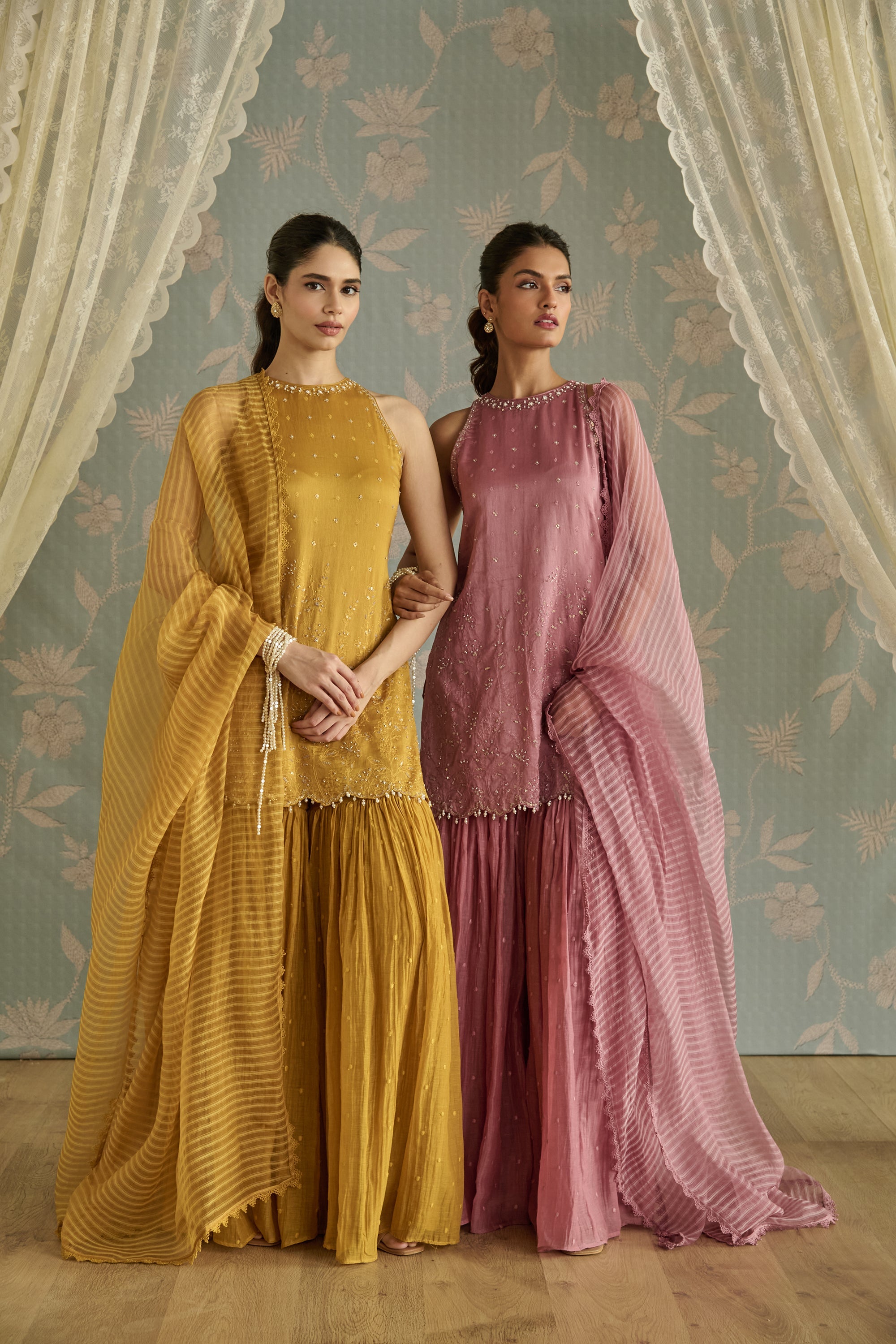 Mustard Hand Embroidered Halter Neck Gharara Set