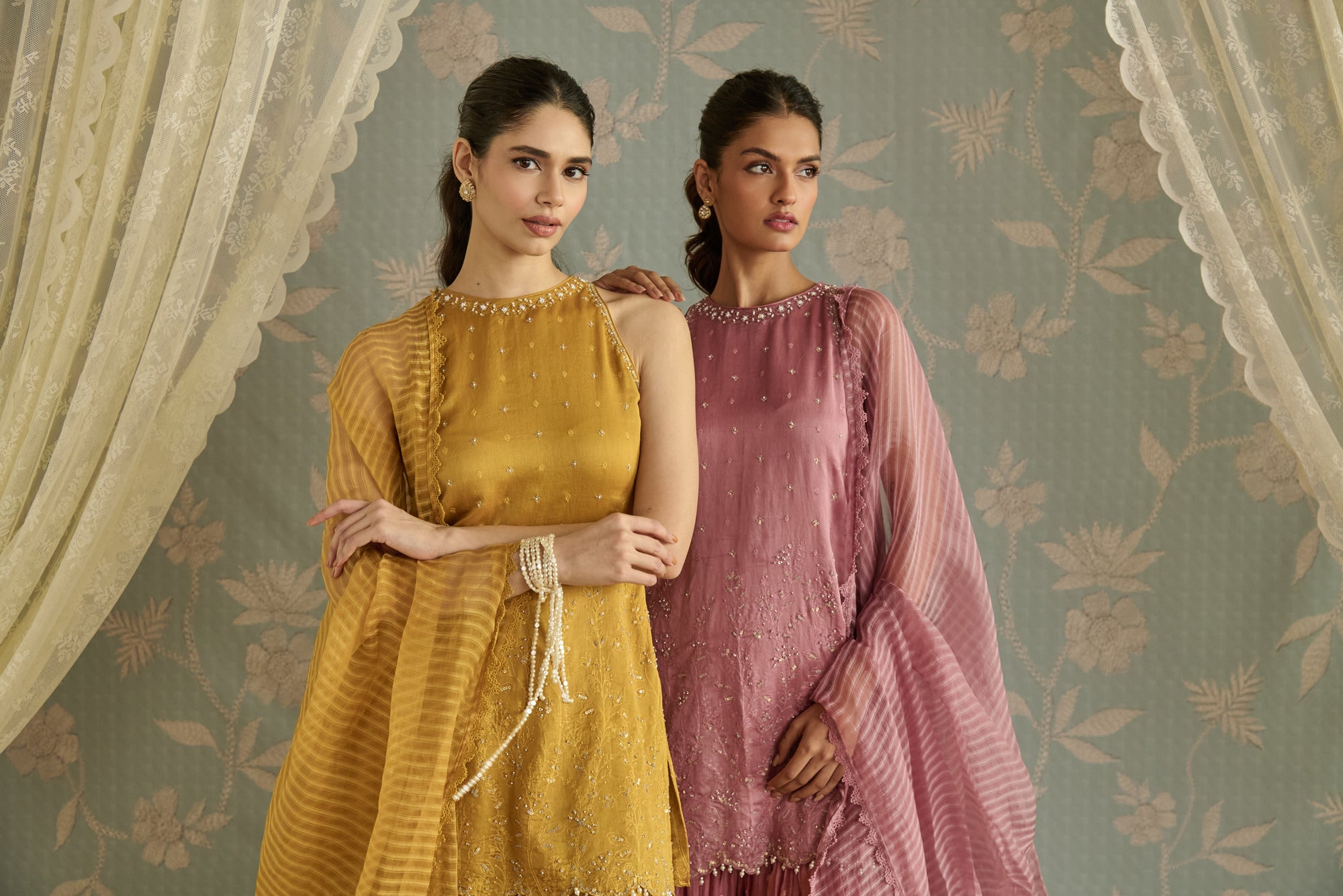 Mustard Hand Embroidered Halter Neck Gharara Set