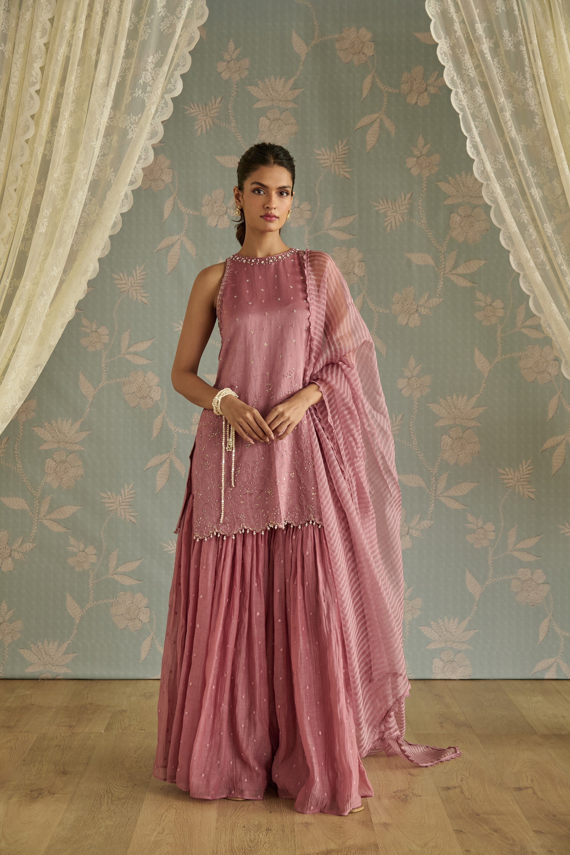 Blush Hand Embroidered Halter Neck Gharara Set