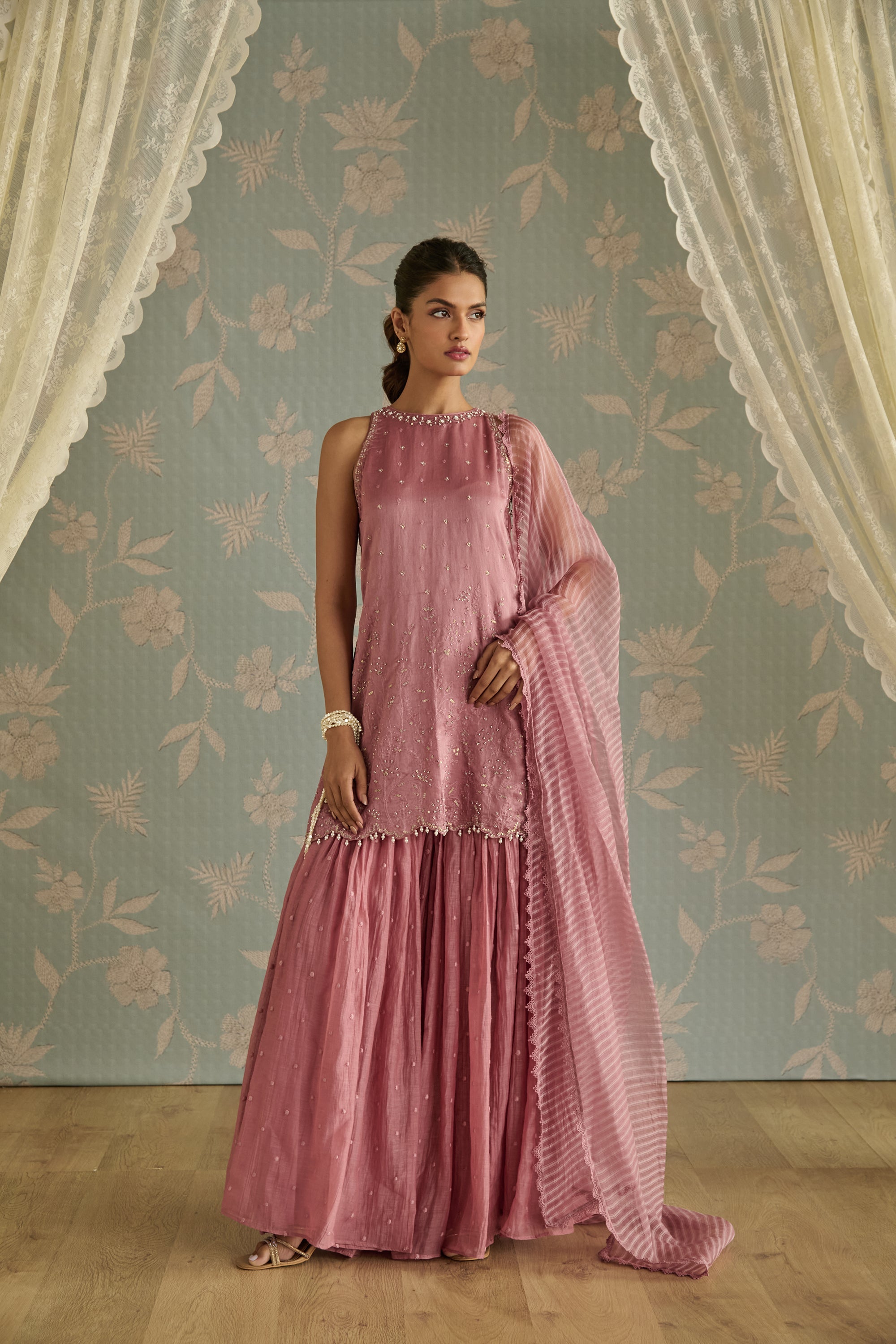 Blush Hand Embroidered Halter Neck Gharara Set