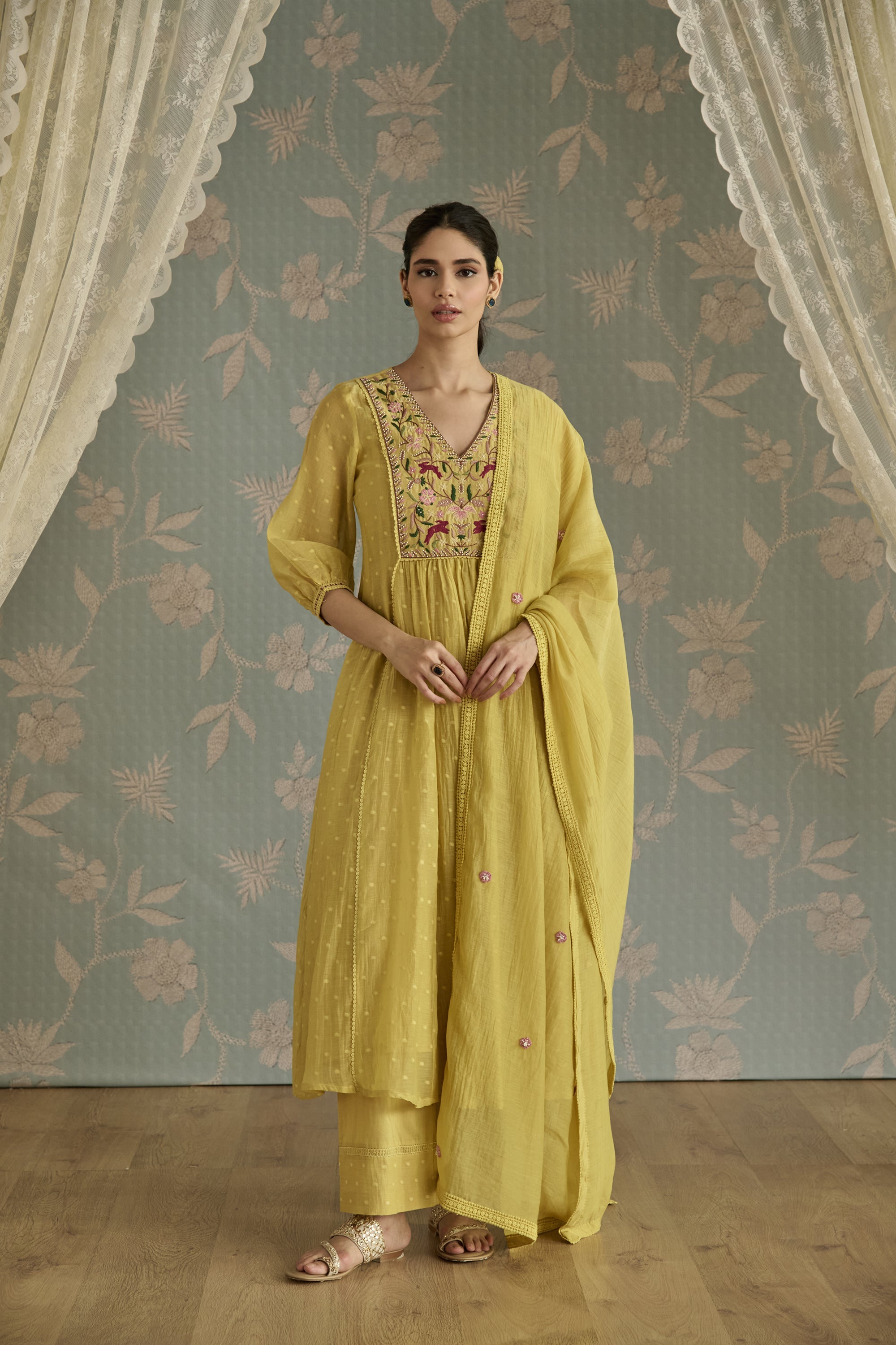 Lemon Yellow Hand Embroidered Kurta Set