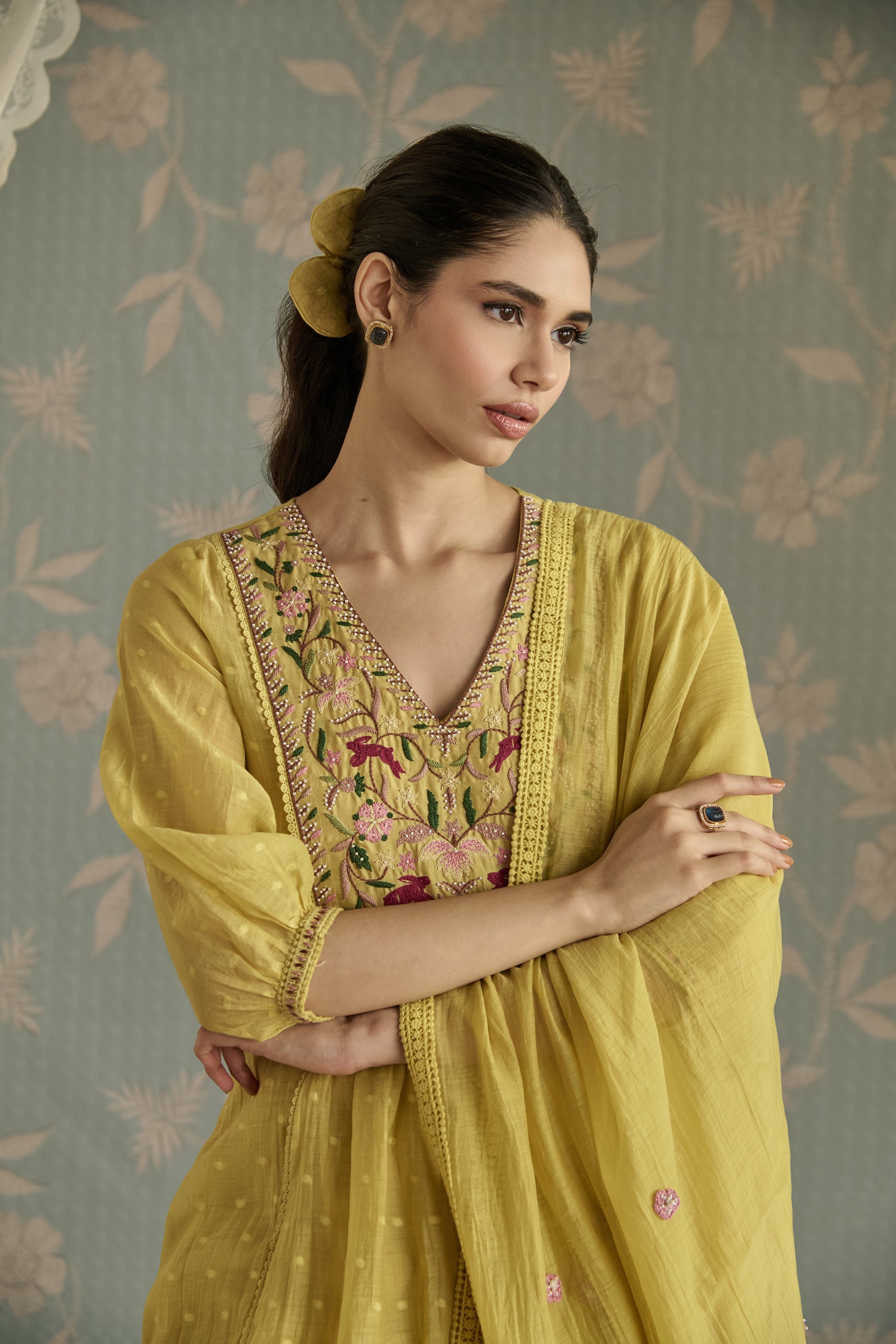 Lemon Yellow Hand Embroidered Kurta Set