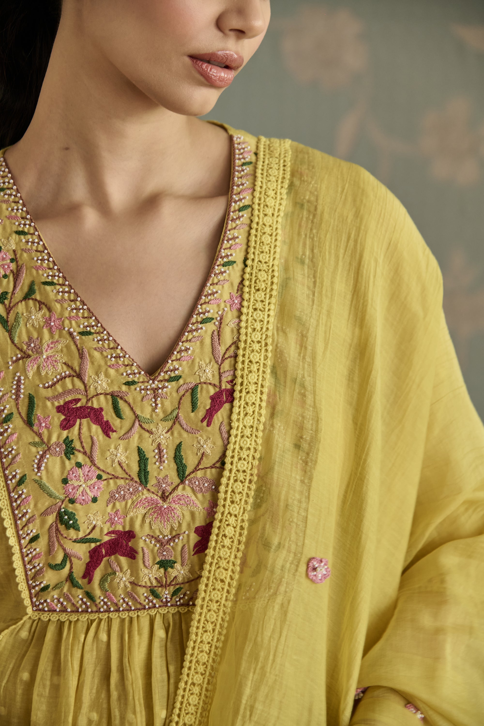 Lemon Yellow Hand Embroidered Kurta Set