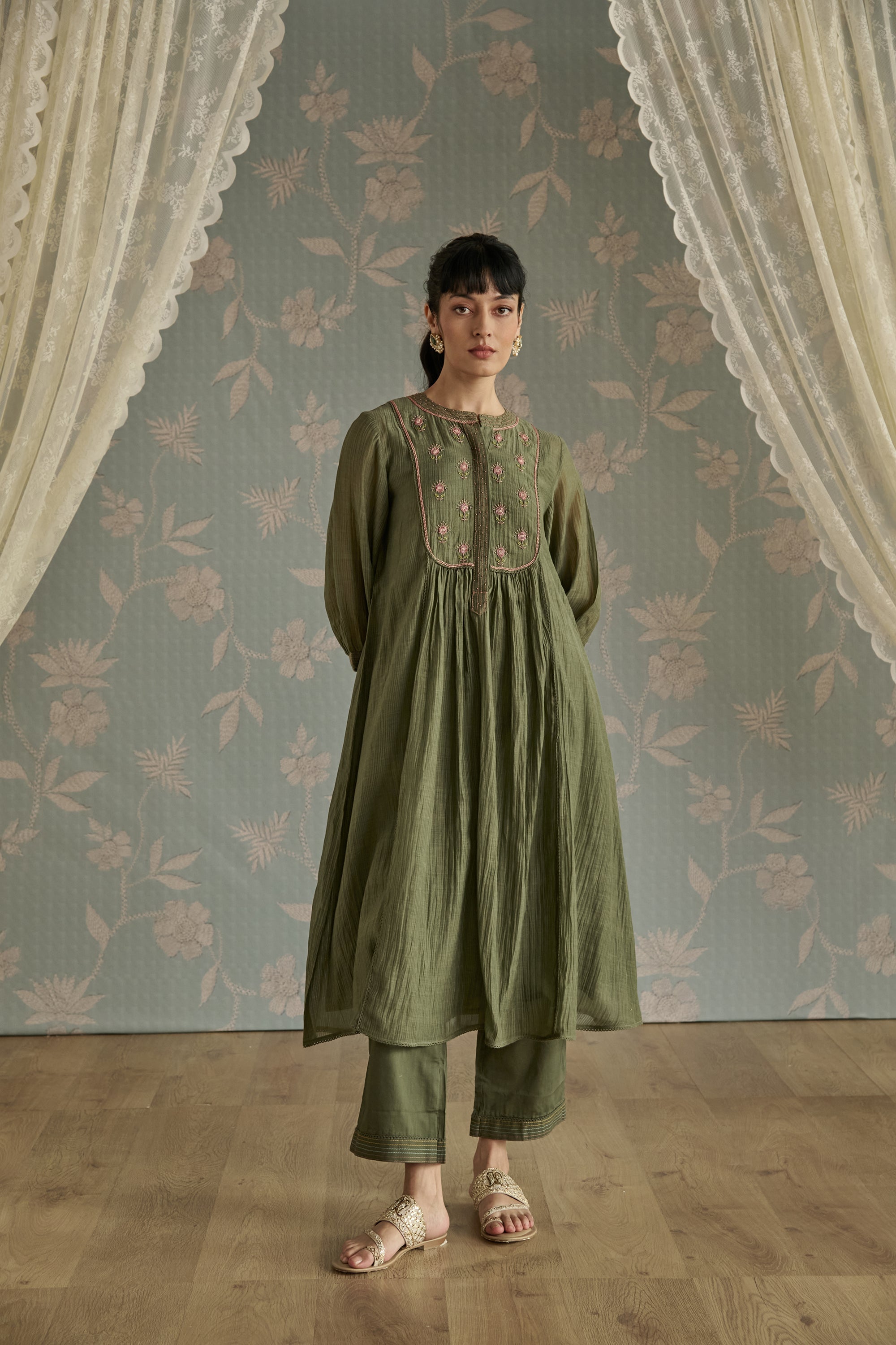Green Bead Embroidery Tunic Set
