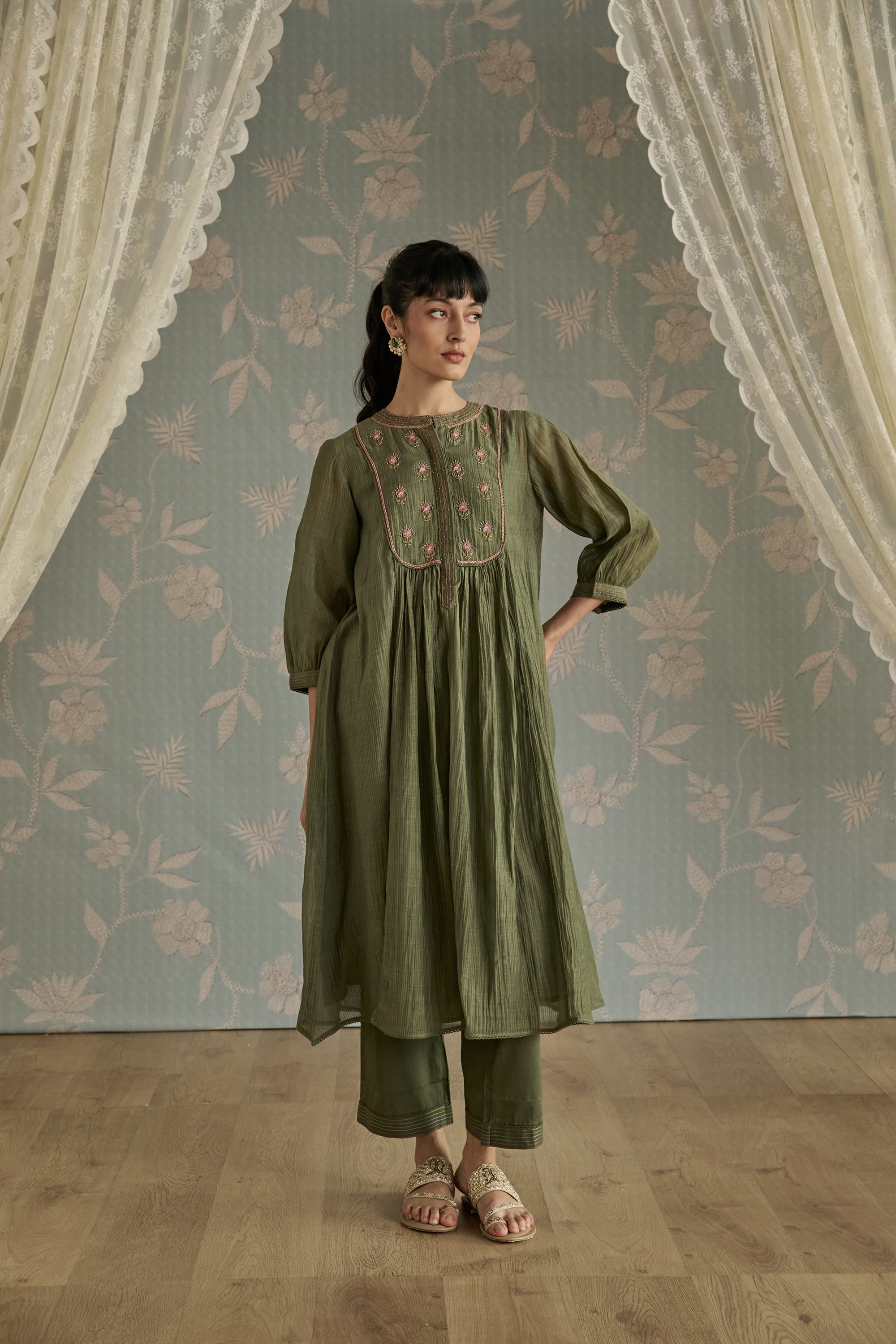 Green Bead Embroidery Tunic Set