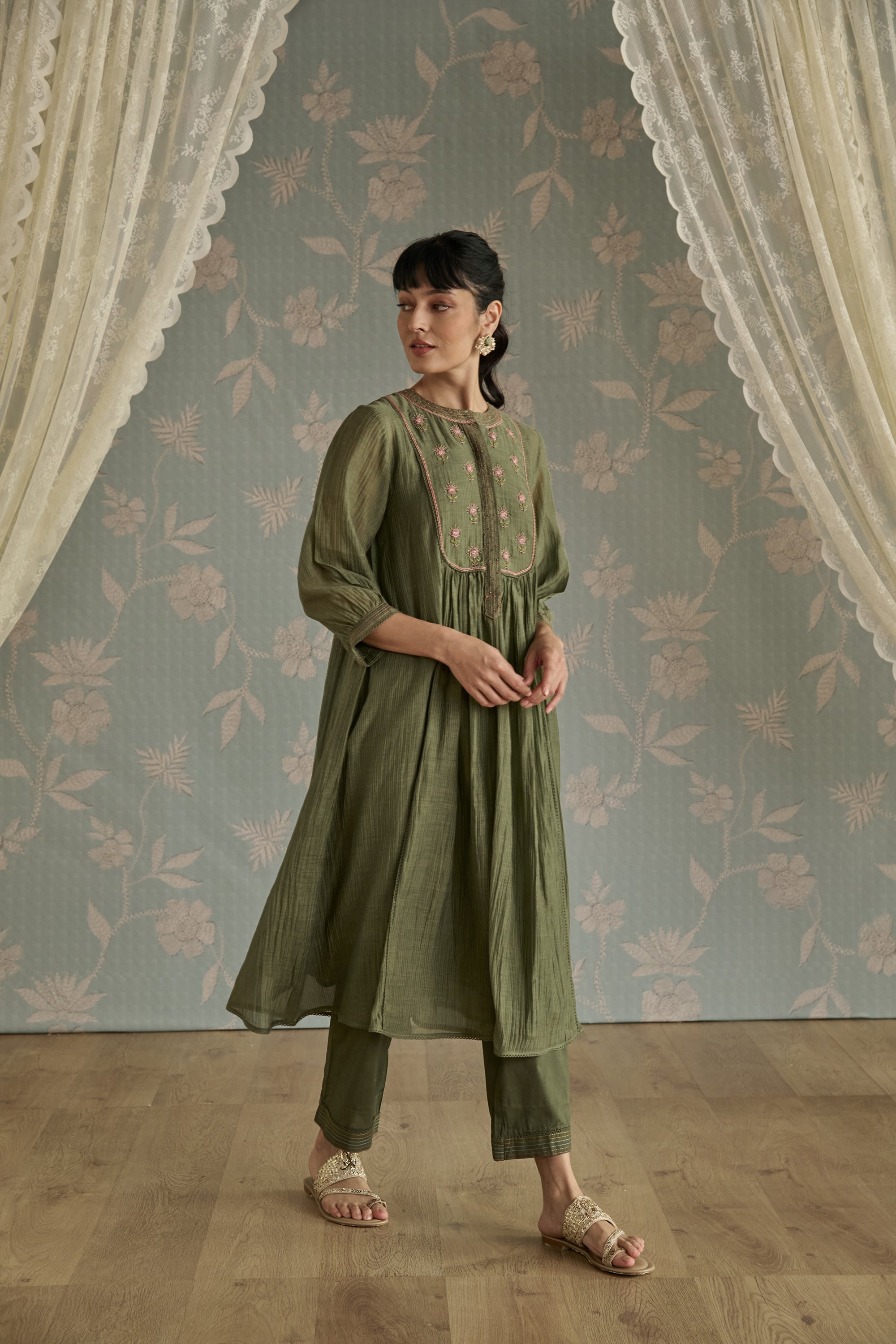 Green Bead Embroidery Tunic Set