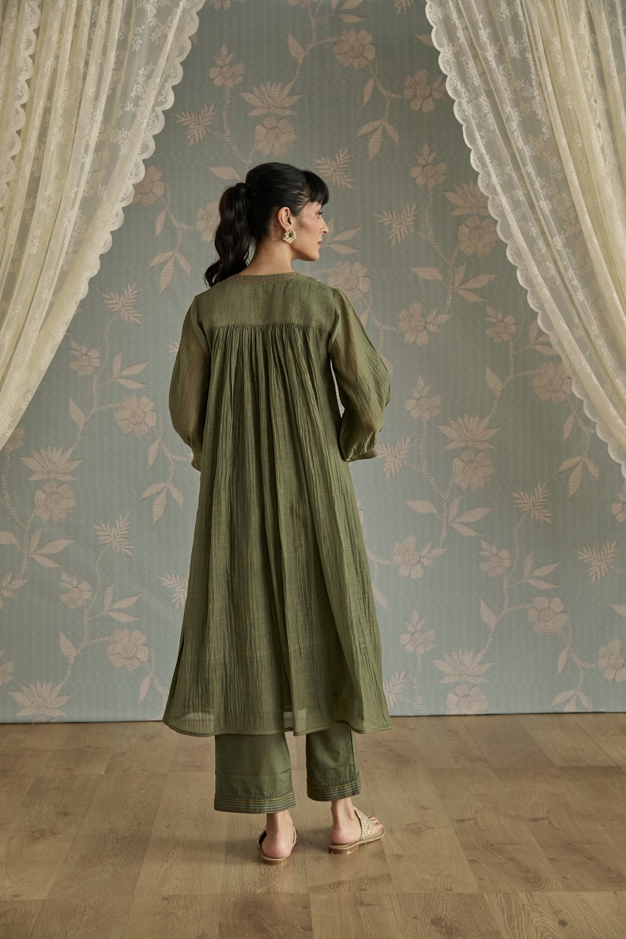 Green Bead Embroidery Tunic Set
