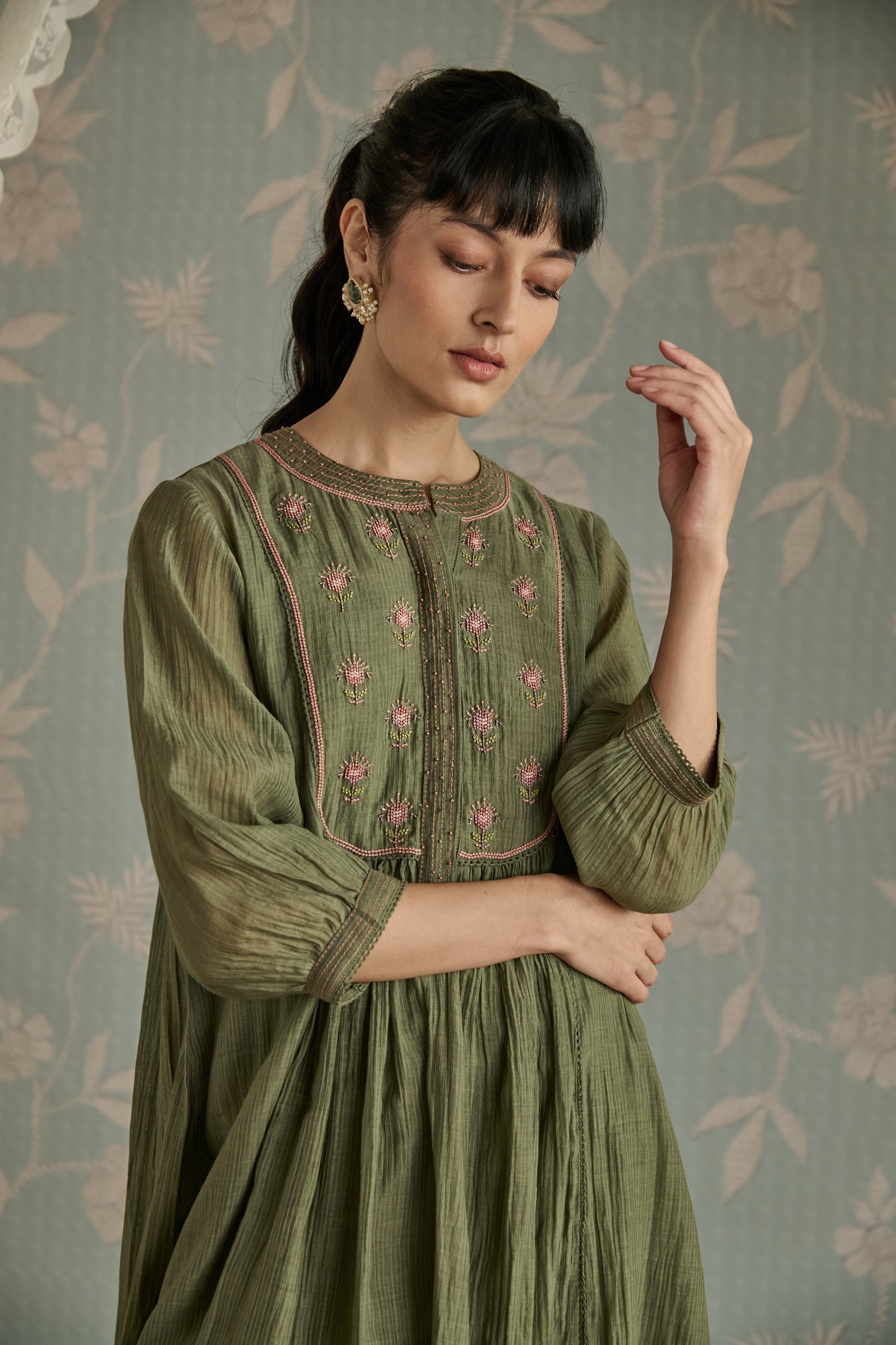Green Bead Embroidery Tunic Set
