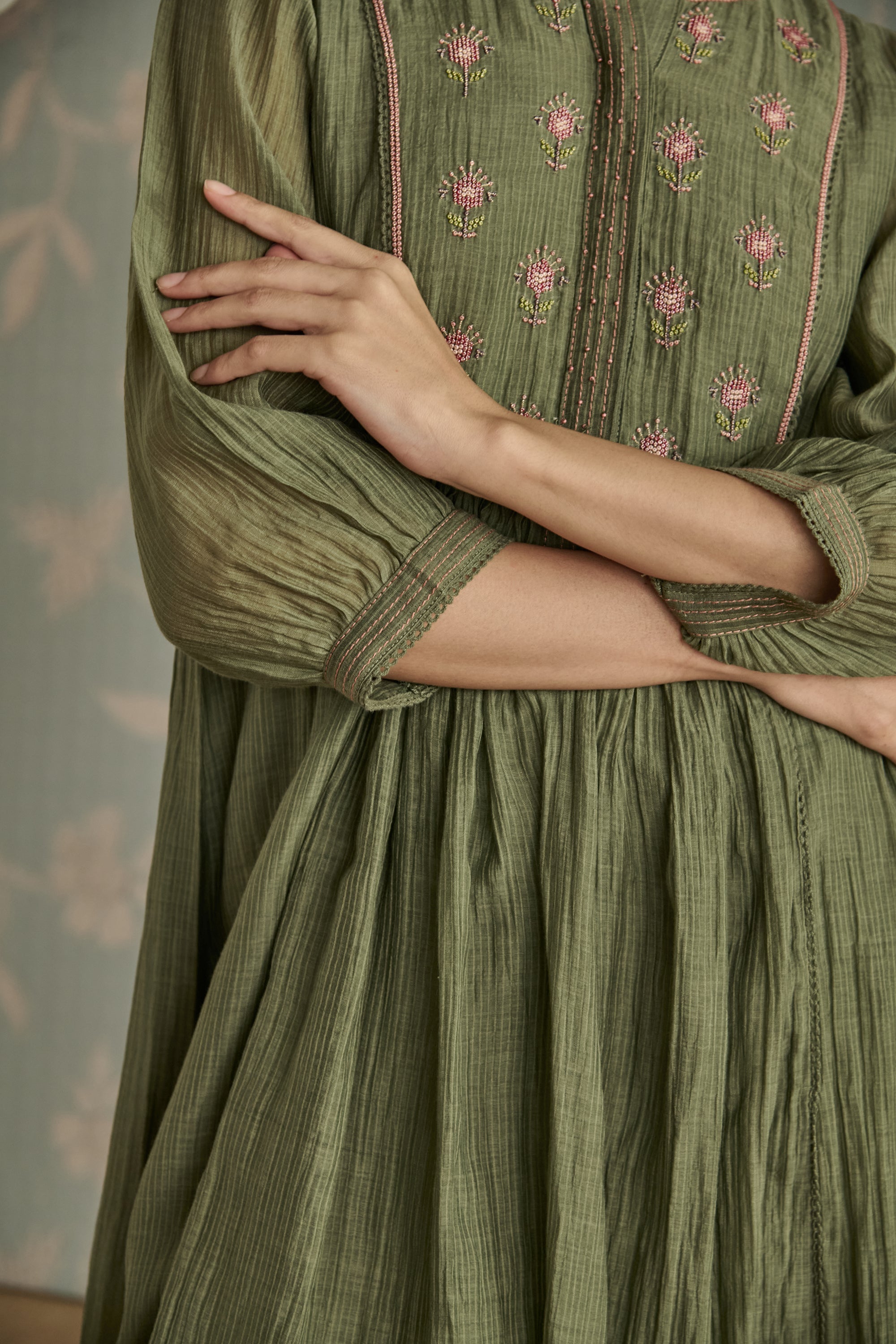 Green Bead Embroidery Tunic Set