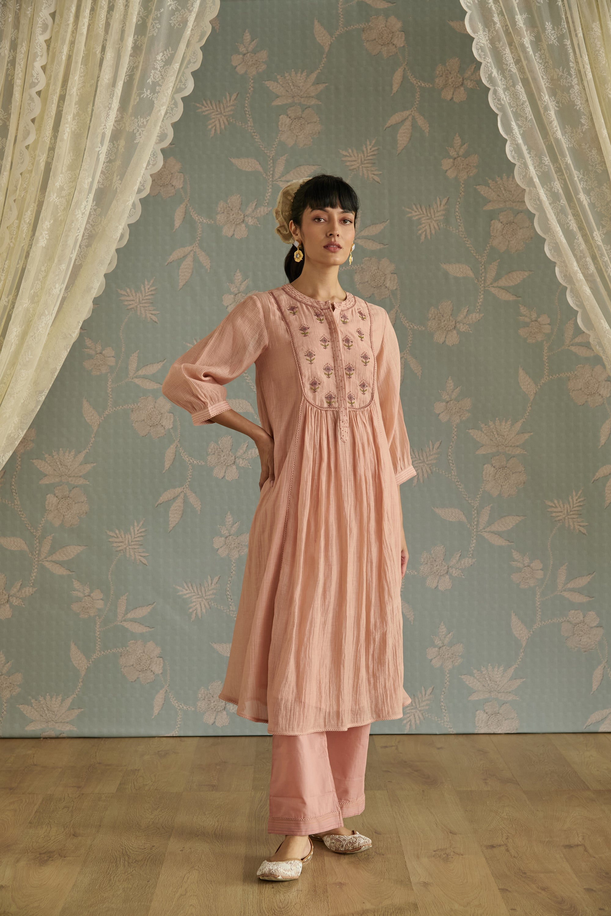 Pink Bead Embroidery Tunic Set