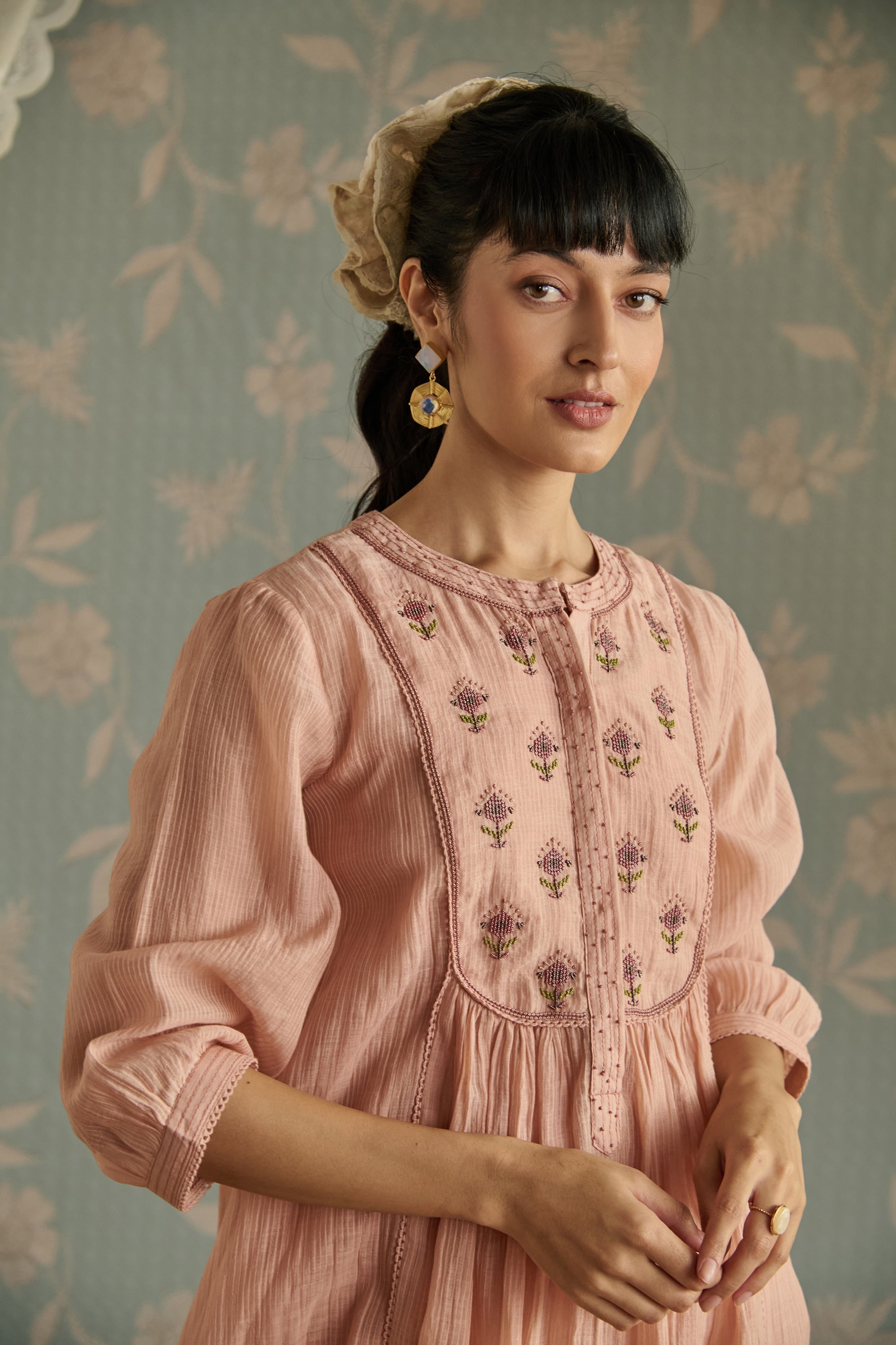 Pink Bead Embroidery Tunic Set