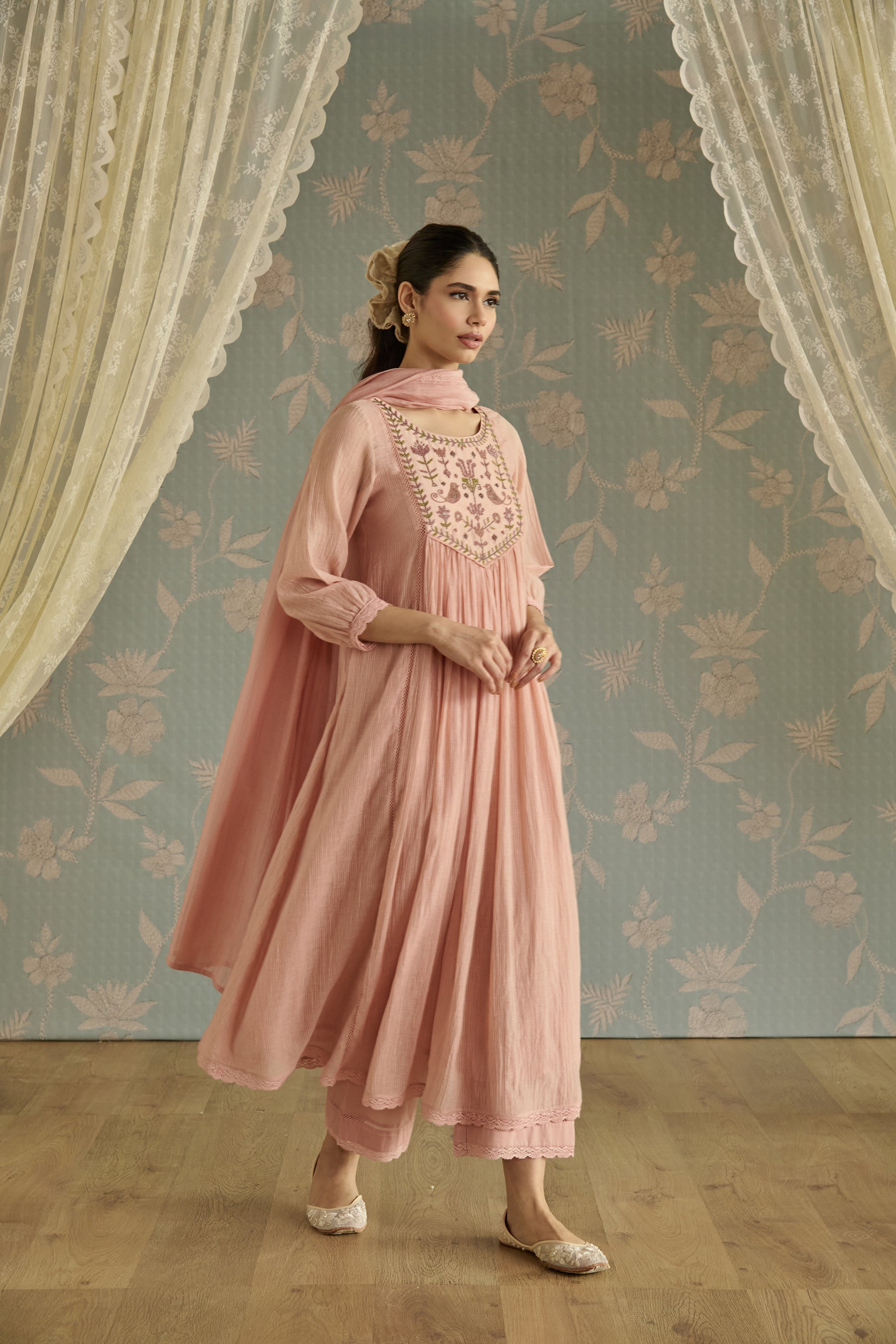 Pink Handwoven Bead Embroidery Kurta Set