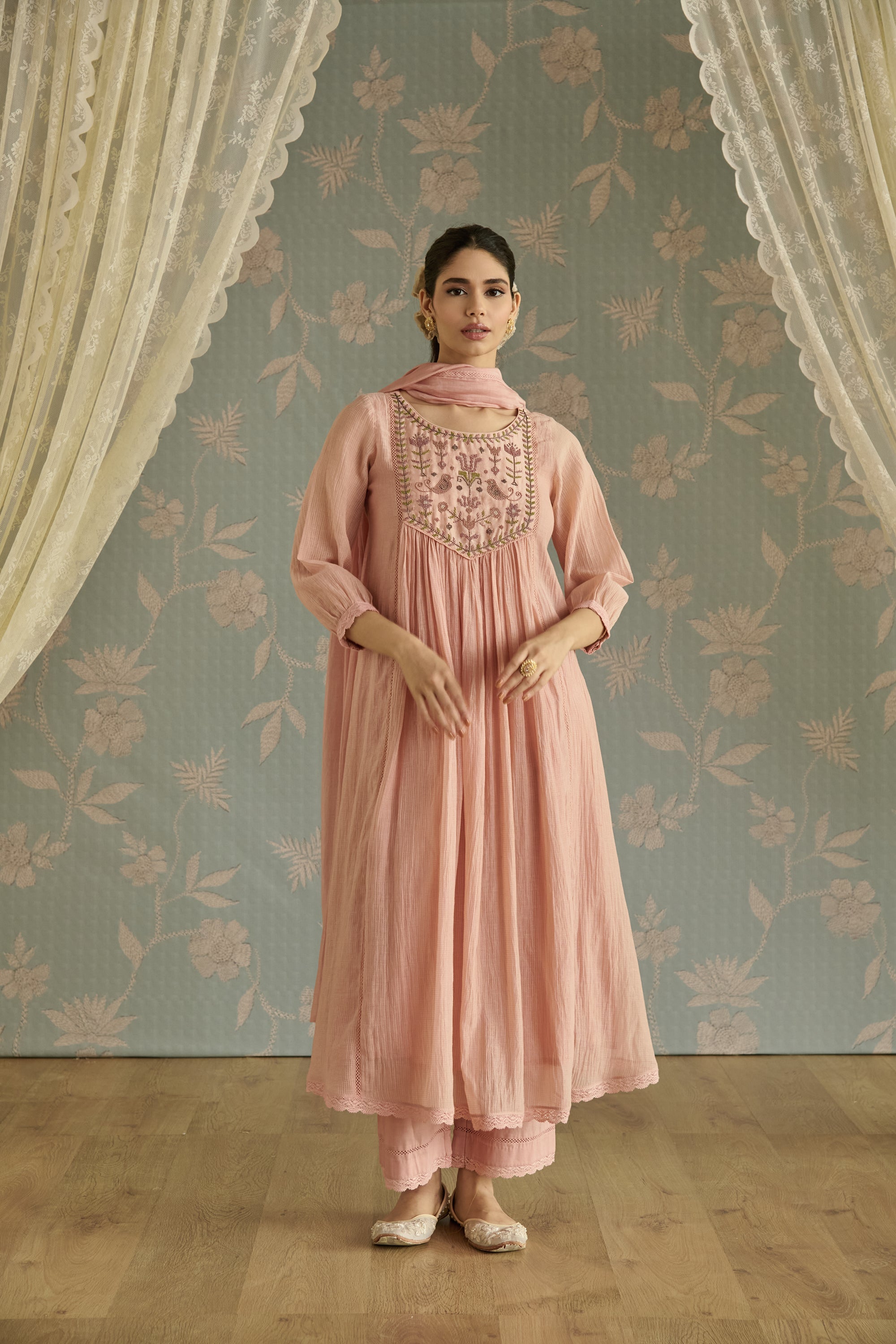 Pink Handwoven Bead Embroidery Kurta Set