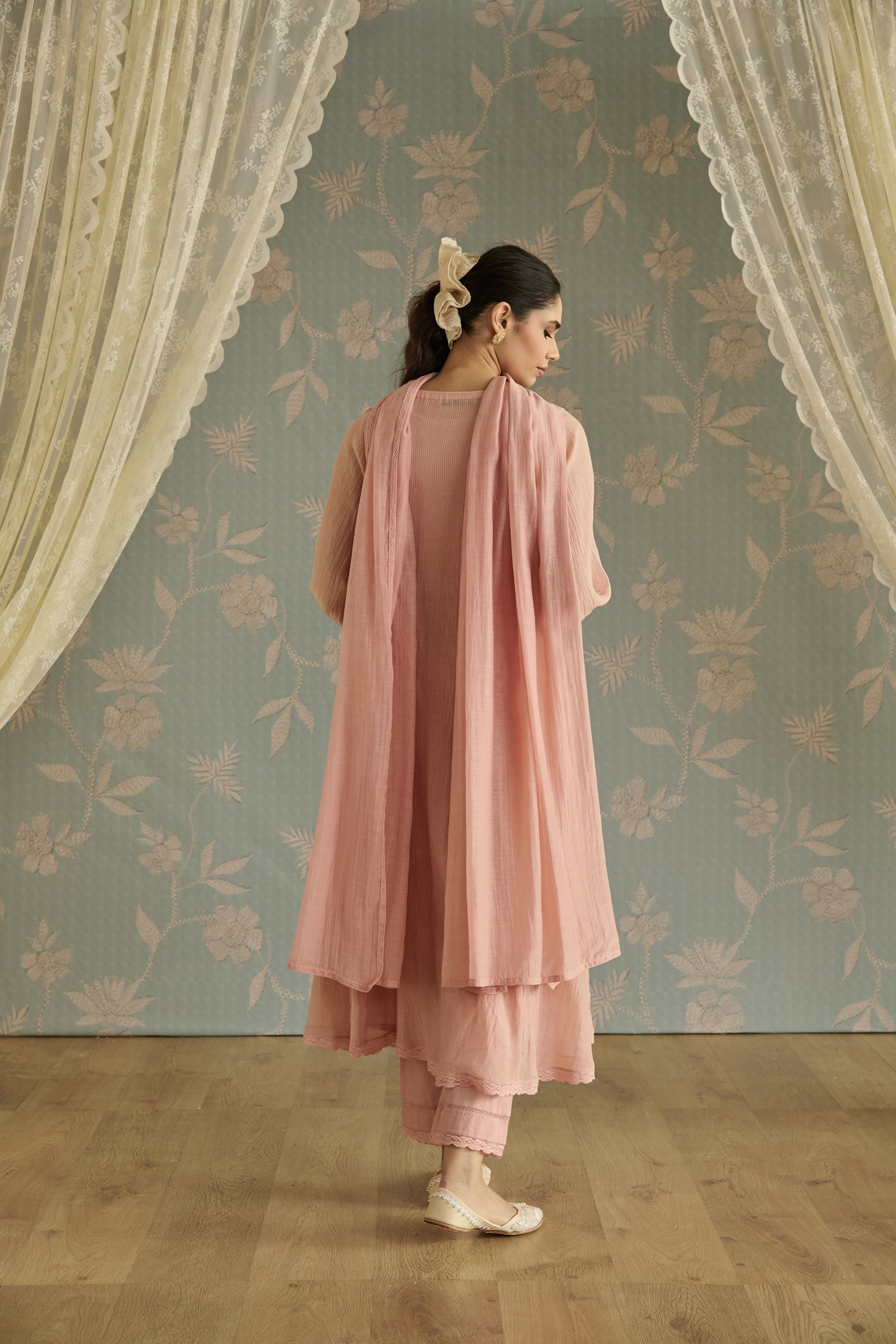 Pink Handwoven Bead Embroidery Kurta Set