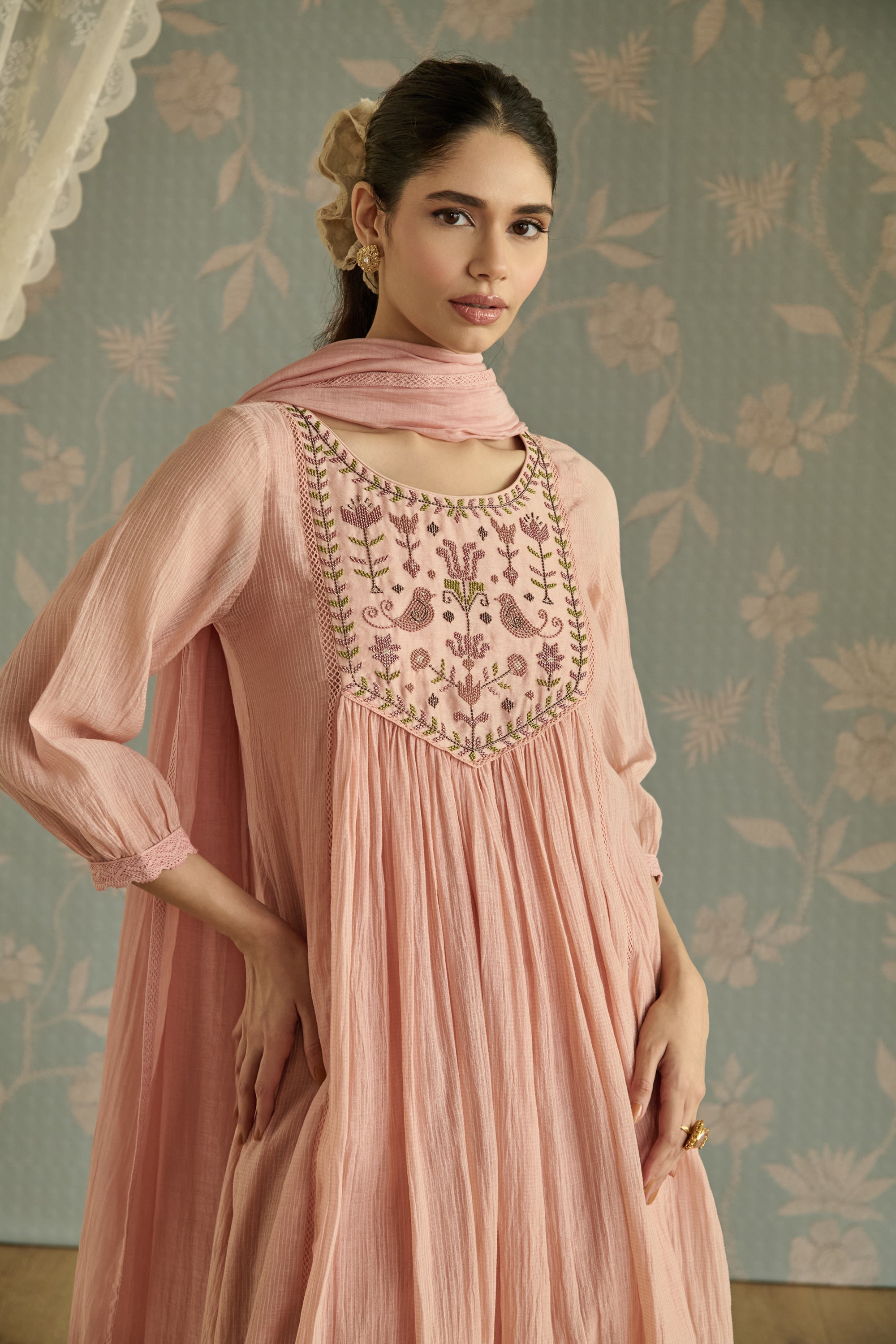 Pink Handwoven Bead Embroidery Kurta Set